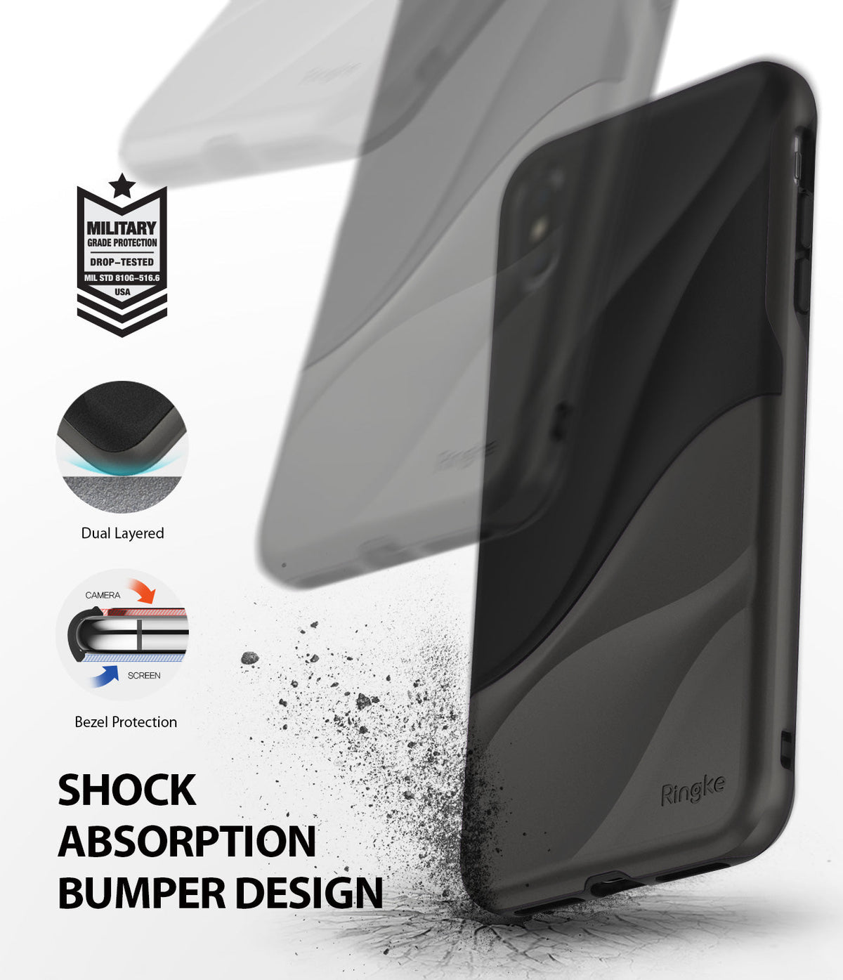 iPhone XS Max Case | Wave - Black dual-layered phone case with wave design, military-grade protection, and raised bezels.