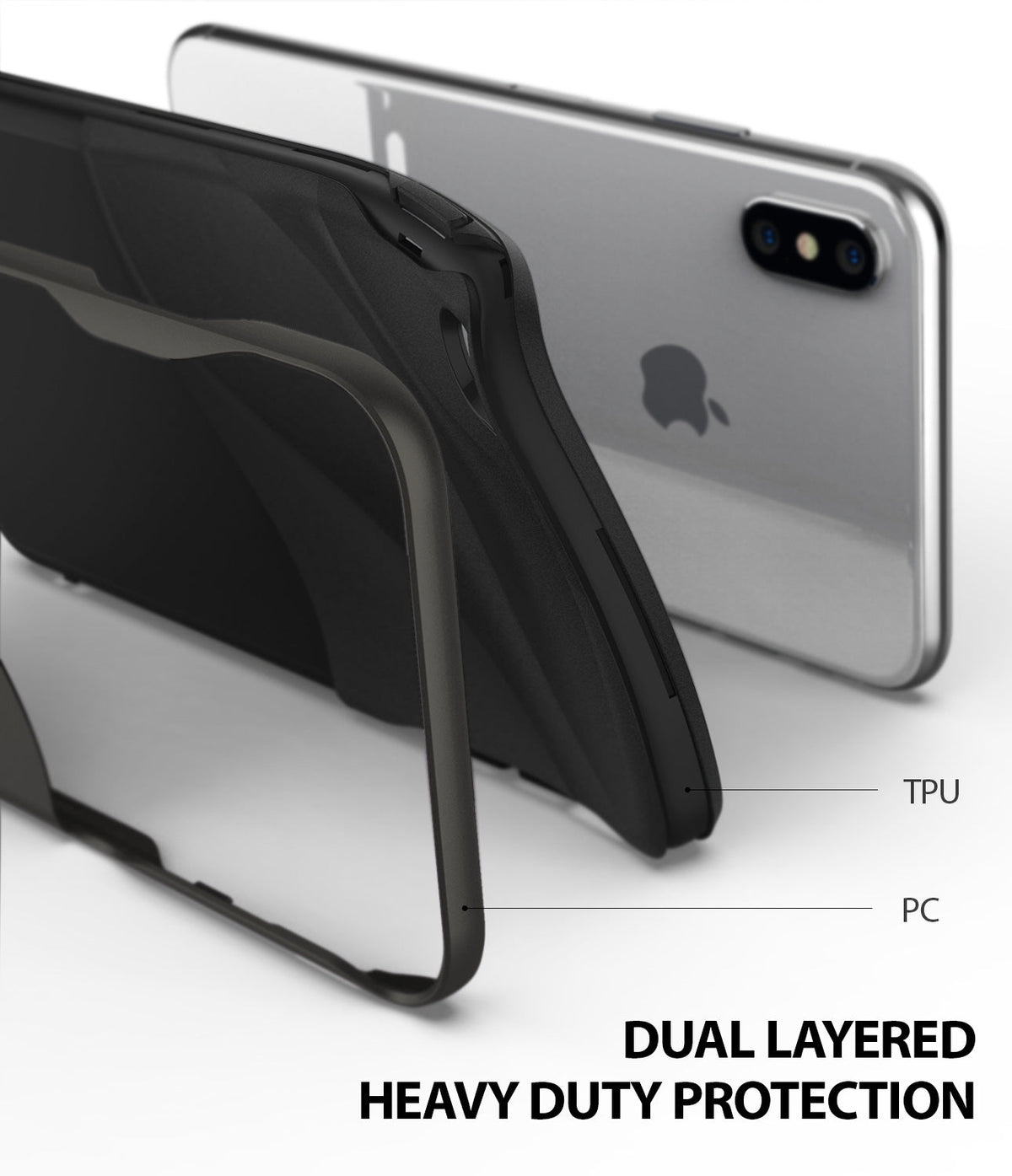 iPhone XS Max Case | Wave - Exploded view of a dual-layered TPU and PC phone case next to a silver iPhone XS Max.