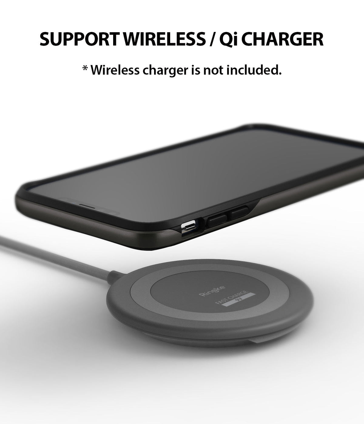 iPhone XS Max Case | Wave - A smartphone in a protective case hovering above a circular wireless charging pad.