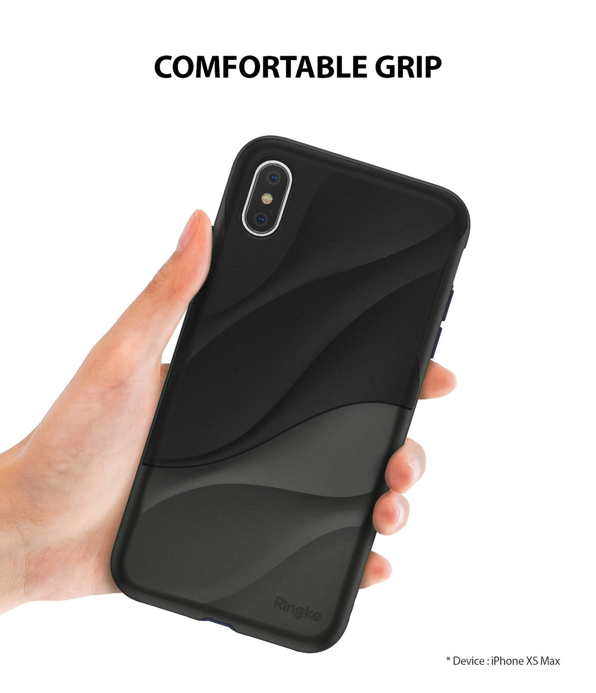 iPhone XS Max Case | Wave - A hand holding a black phone case with a textured, wavy design and the Ringke logo at the bottom.