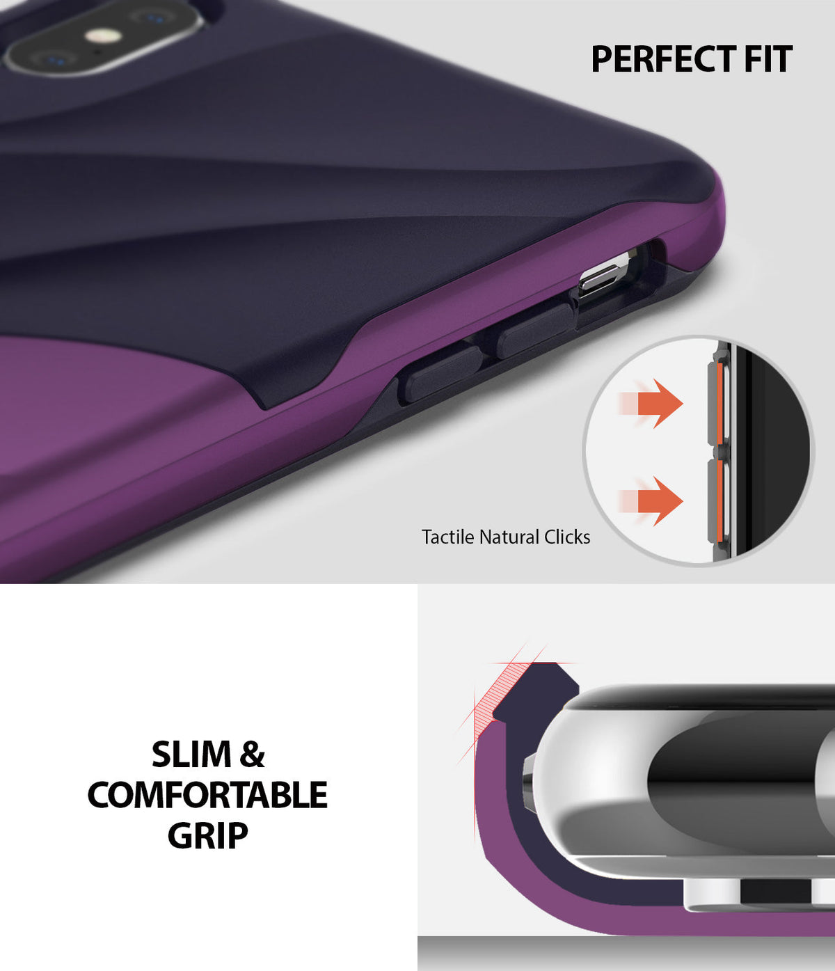 iPhone XS Max Case | Wave - Metallic purple phone case showing tactile button clicks and a slim, comfortable grip design.