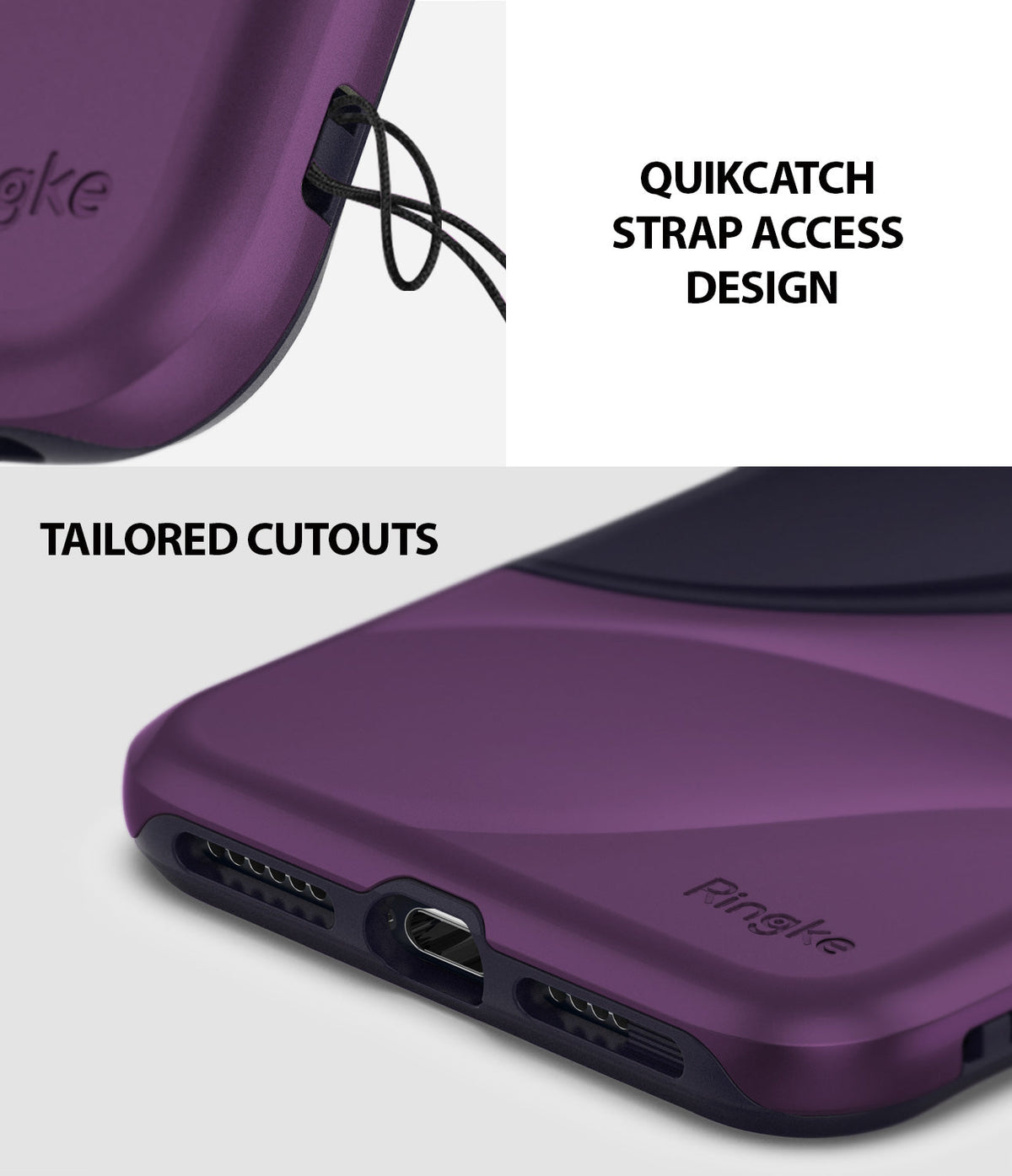 iPhone XS Max Case | Wave - Metallic purple phone case showing a QuikCatch strap hole and precise charging port cutouts.