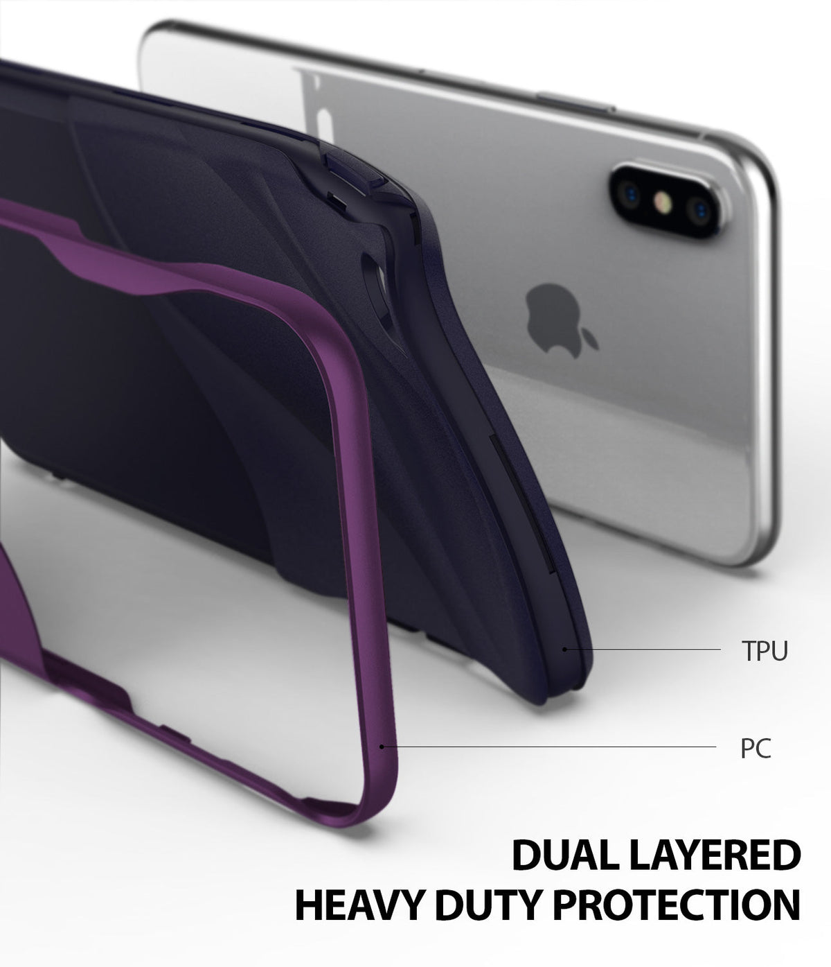 iPhone XS Max Case | Wave - Metallic purple dual-layer phone case with TPU and PC components shown next to an iPhone.
