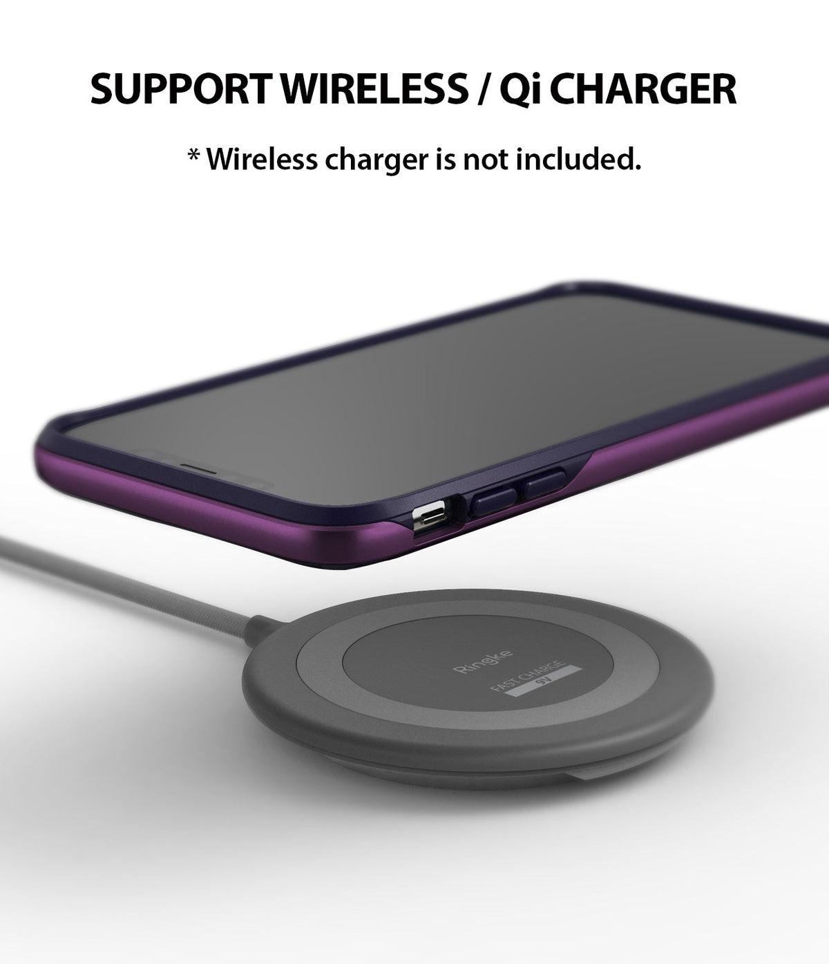iPhone XS Max Case | Wave - Metallic purple phone case hovering above a circular wireless charging pad.