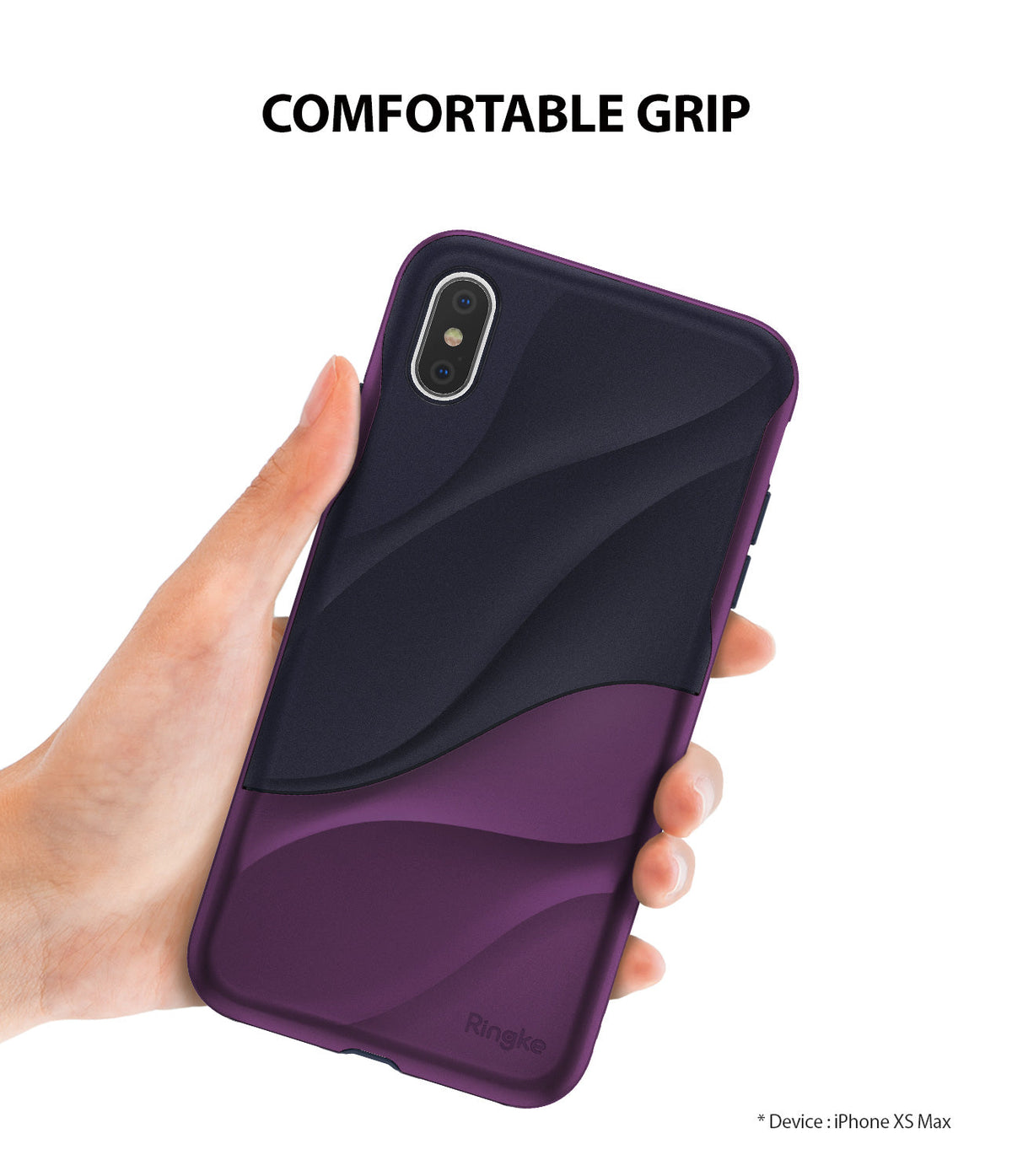 iPhone XS Max Case | Wave - A hand holding a metallic purple and black wavy-textured phone case against a white background.