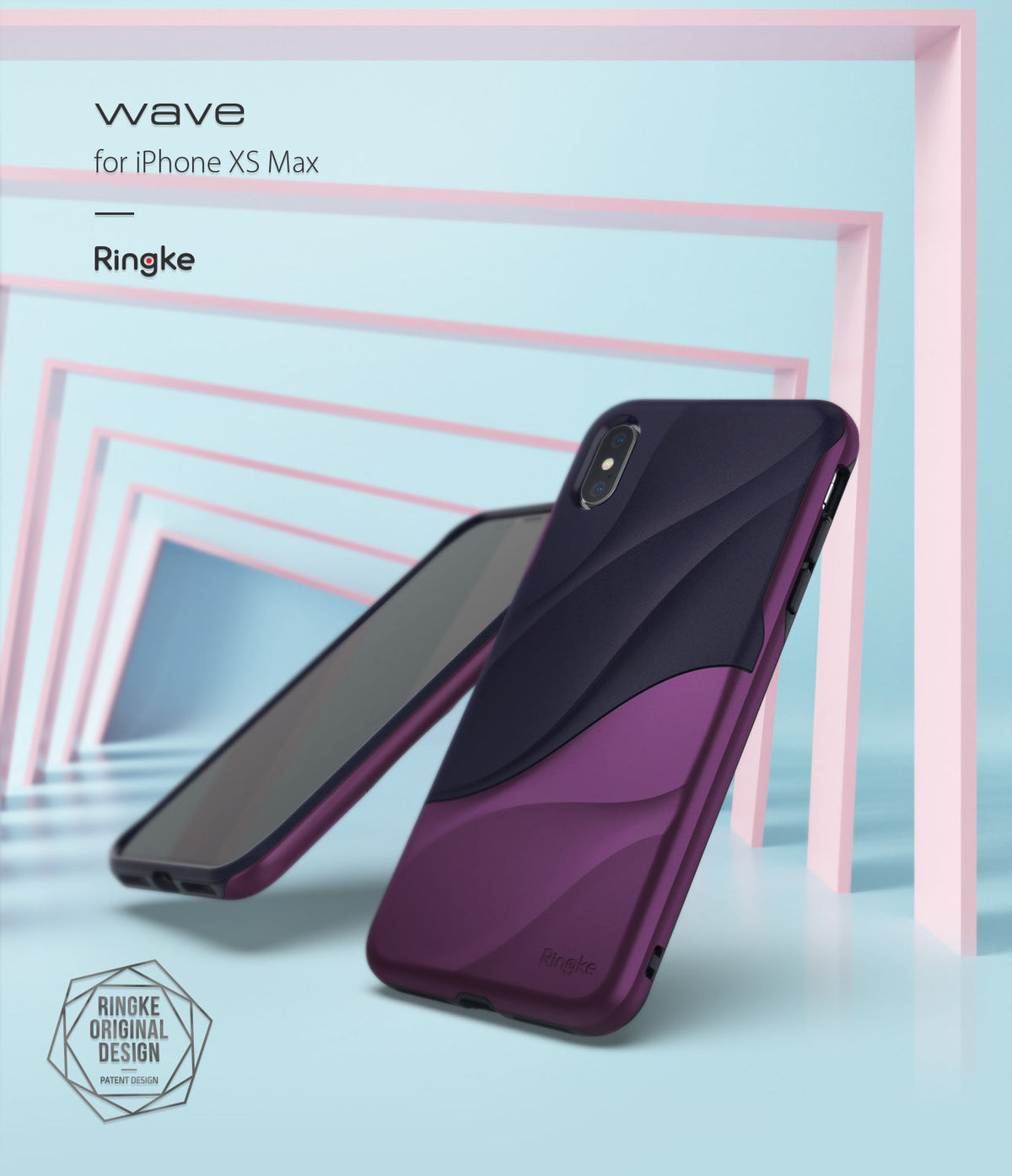 iPhone XS Max Case | Wave - Metallic purple and dark blue wave-patterned phone case against a light blue background.
