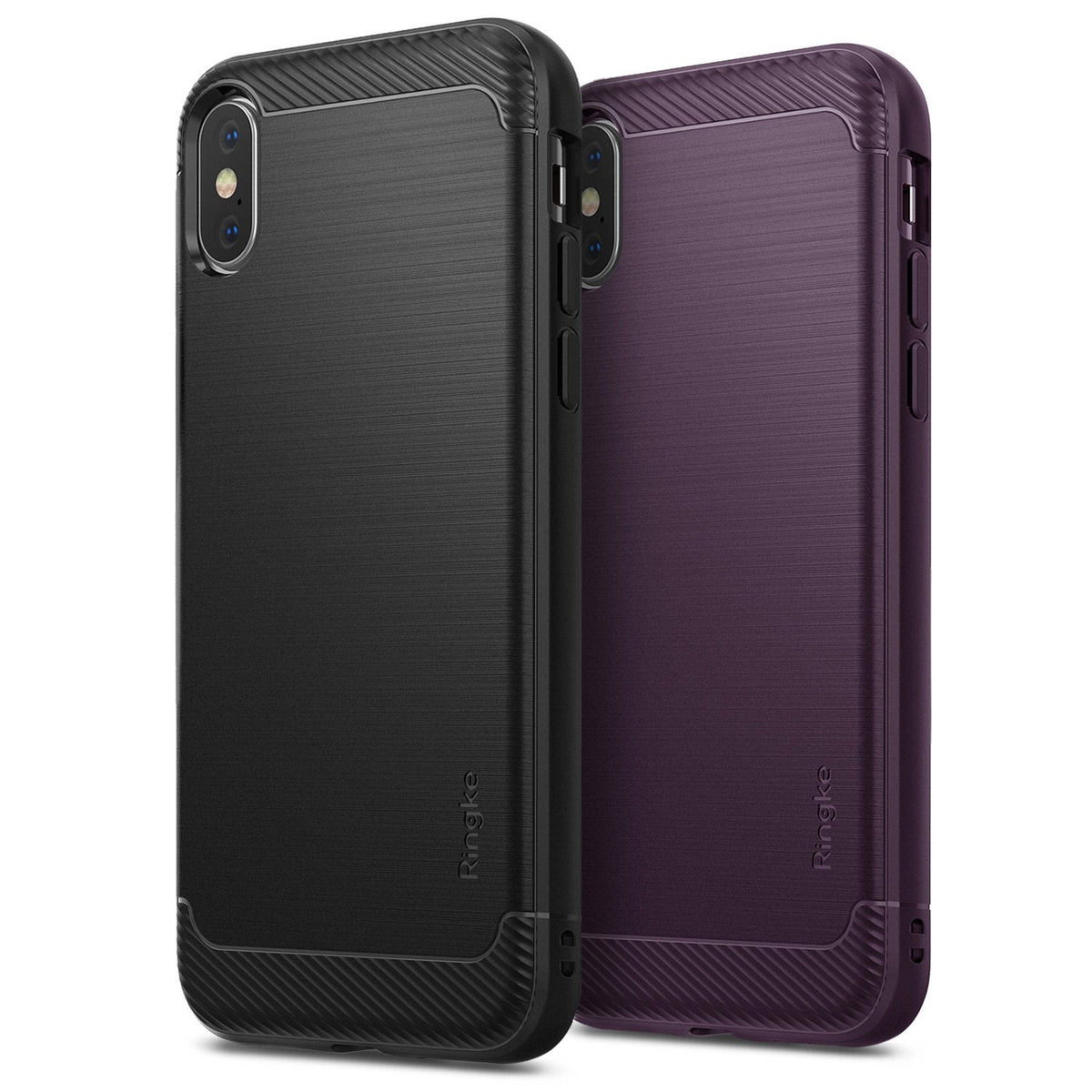iPhone XS Case | Onyx - Two brushed-texture smartphone cases in black and dark purple with reinforced carbon fiber corners.