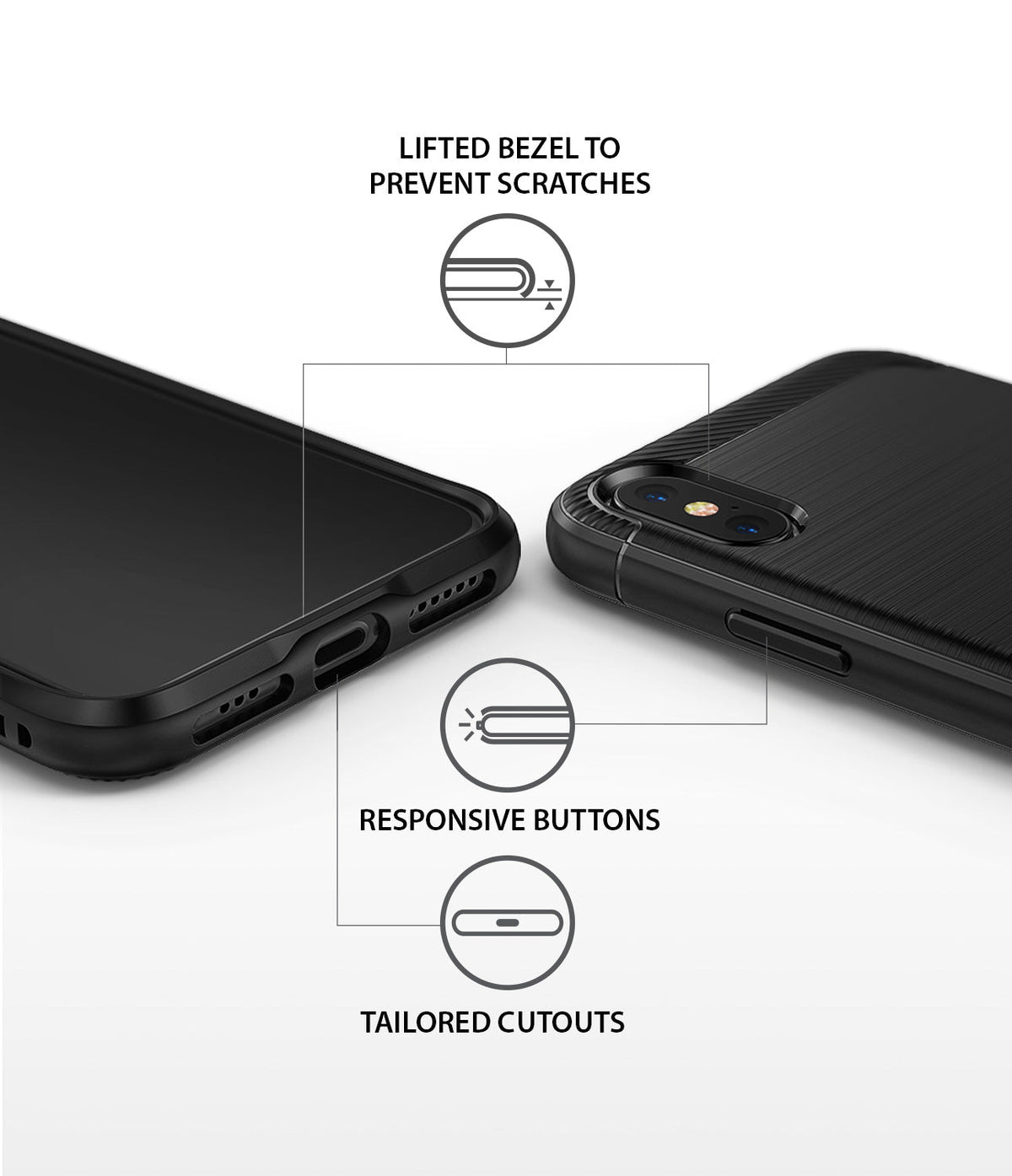iPhone XS Case | Onyx - Black phone case showing lifted bezels, responsive buttons, and precise port cutouts.