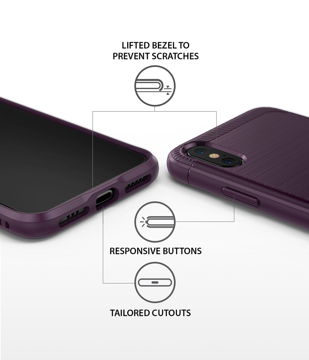 iPhone XS Case | Onyx - Purple phone case showing lifted bezels, responsive buttons, and precise port cutouts.
