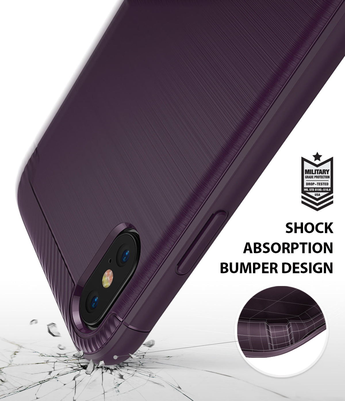 iPhone XS Case | Onyx - Purple brushed metal phone case with shock-absorbing bumper and military-grade drop protection.