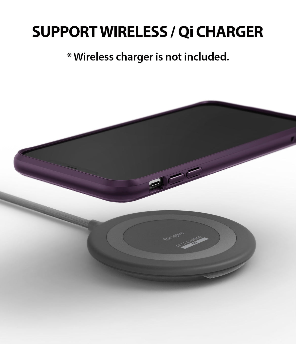 iPhone XS Case | Onyx - Purple phone case hovering above a gray Ringke wireless charging pad on a white background.