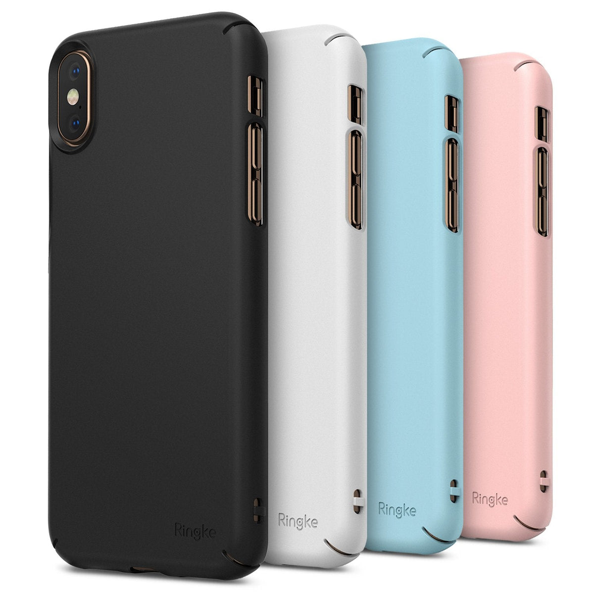 iPhone XS Case | Slim - Four slim iPhone XS cases in black, white, blue, and pink standing in a row.