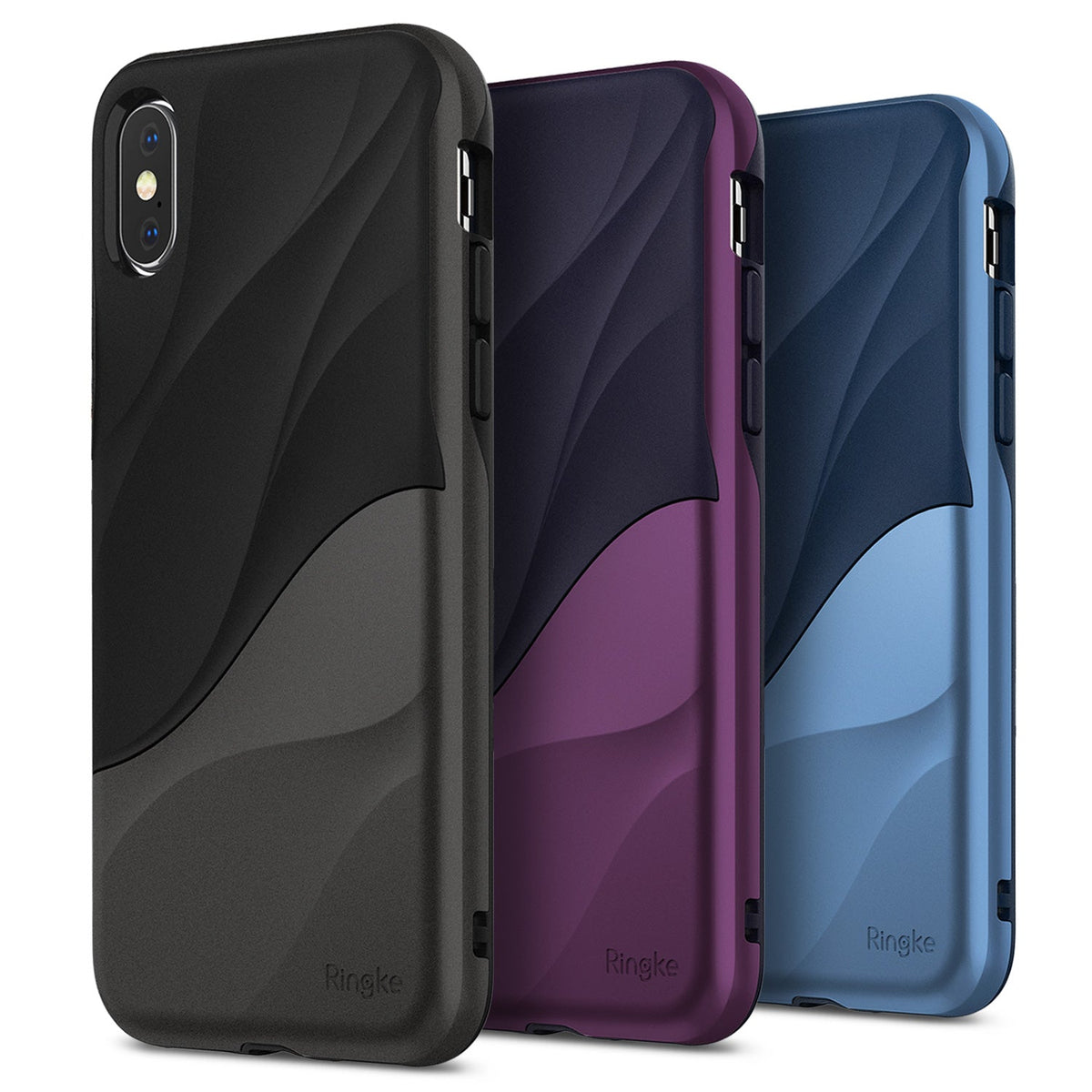 iPhone XS Case | Wave - Three iPhone XS cases in black, purple, and blue with a textured, wavy design and Ringke branding.