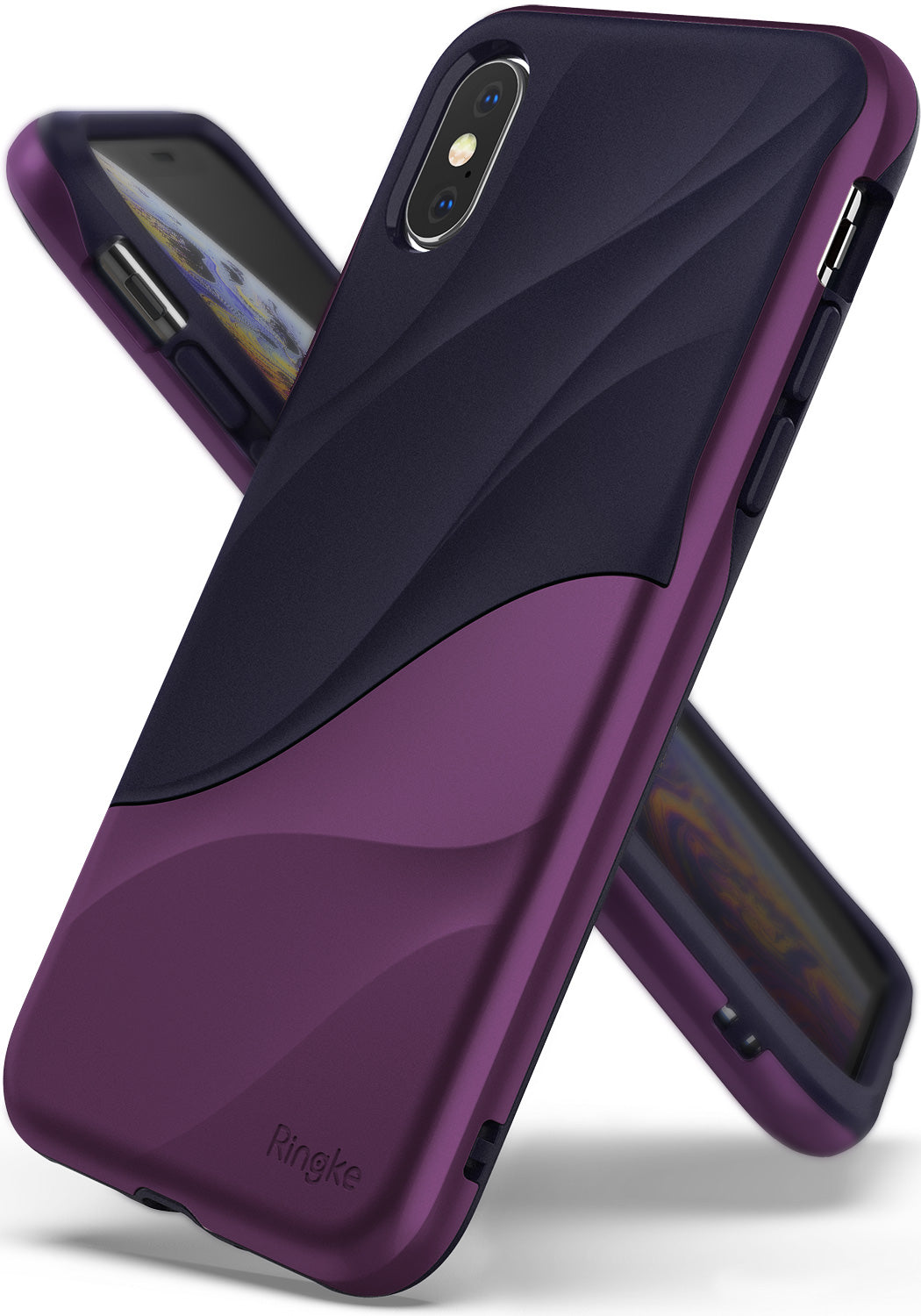iPhone XS Case | Wave - Metallic purple and dark navy phone case with a textured, wavy design and Ringke branding.