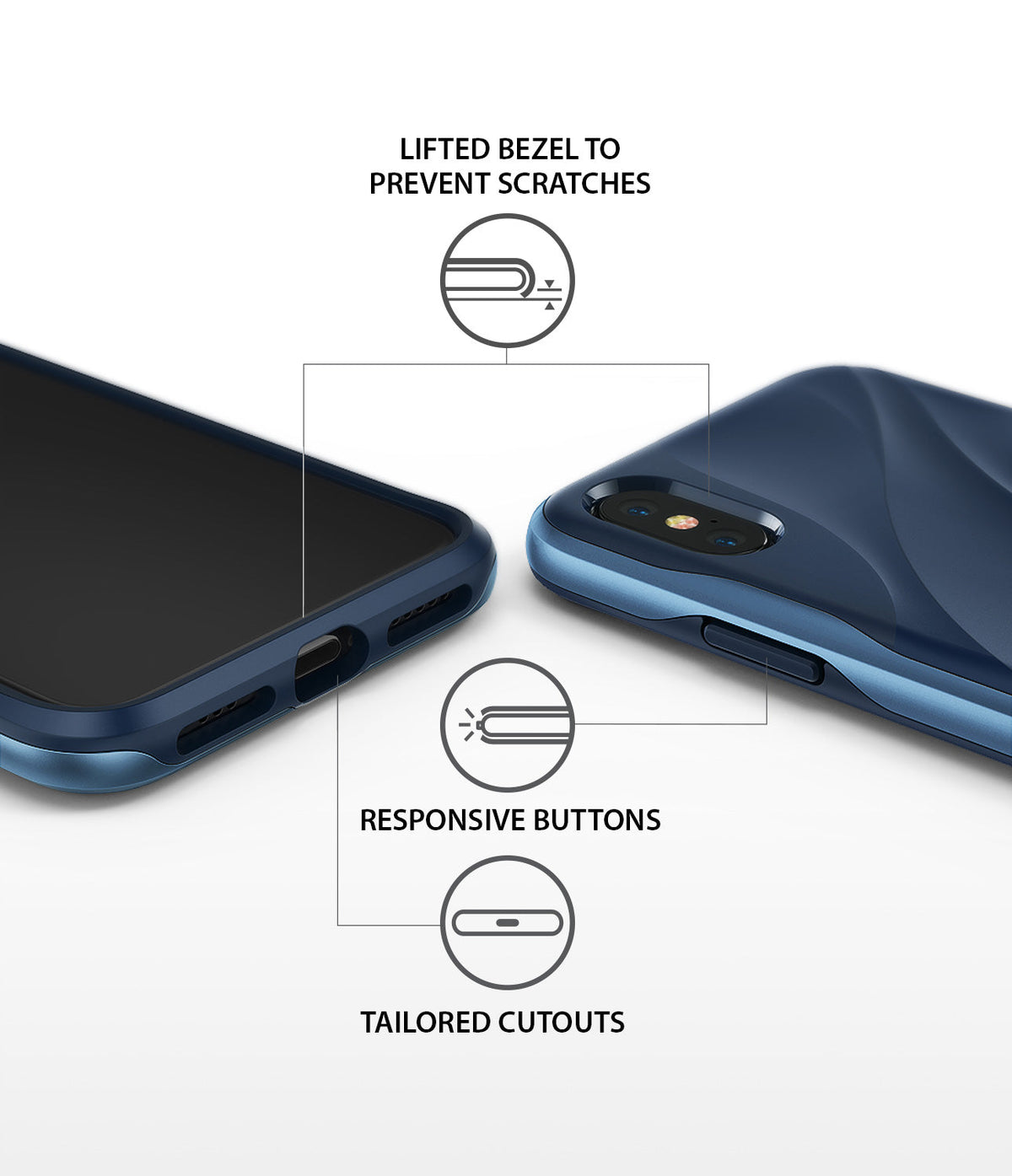 iPhone XS Case | Wave - Blue phone case showing lifted bezels, responsive buttons, and precise port cutouts.