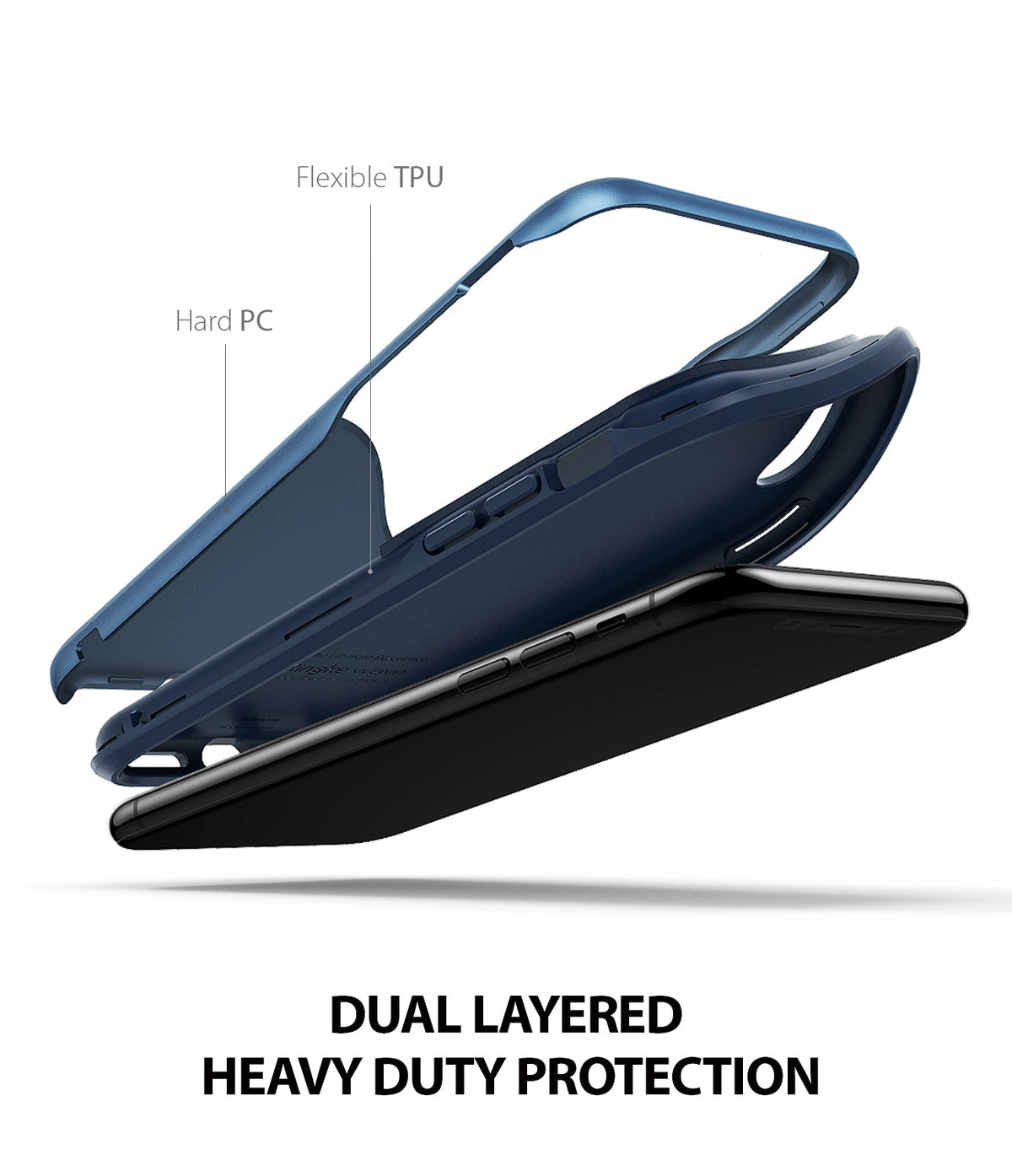 iPhone XS Case | Wave - Exploded view of a dual-layered blue phone case with flexible TPU and hard PC components.