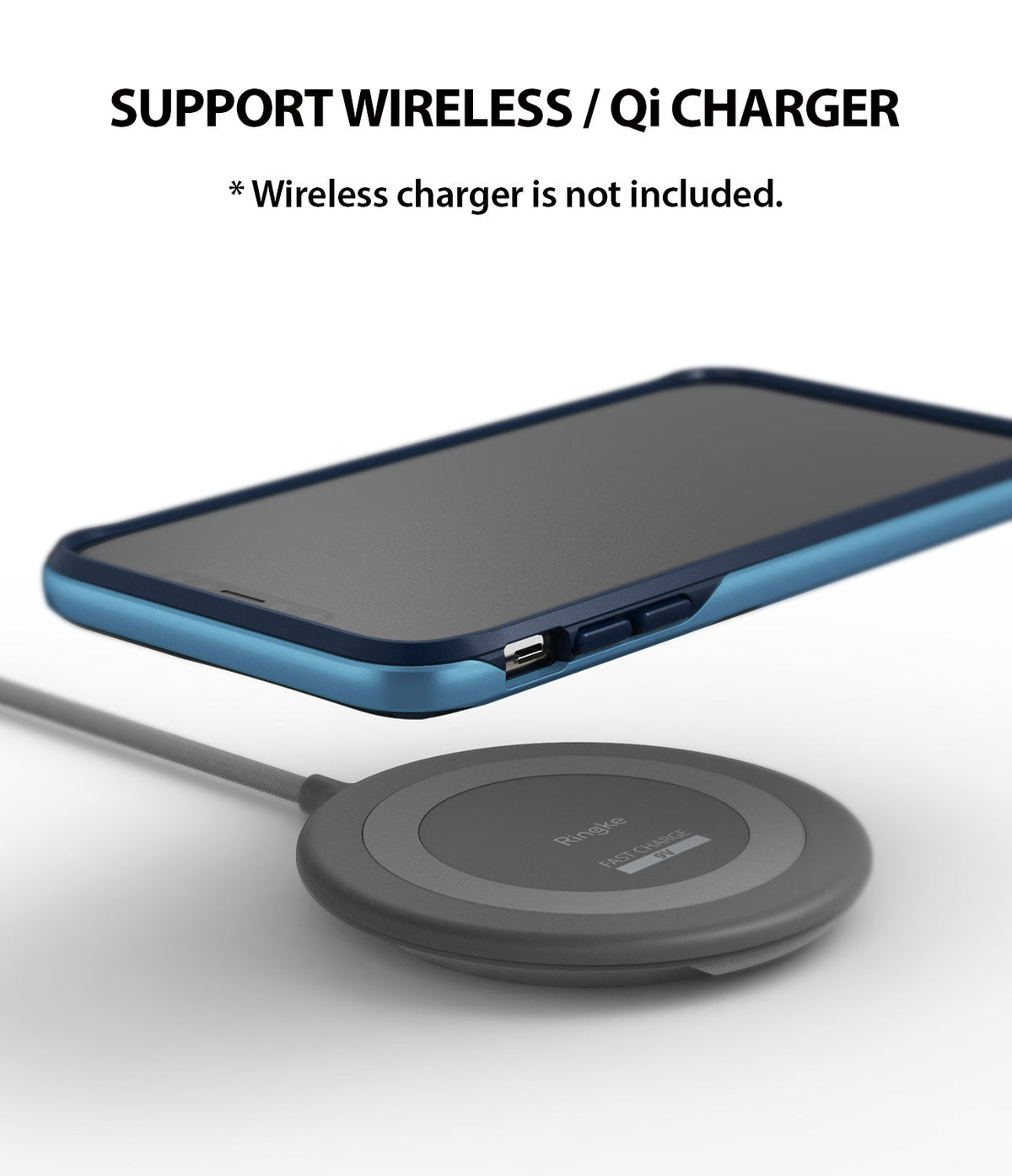 iPhone XS Case | Wave - Blue iPhone XS in a protective case hovering above a circular wireless charging pad.