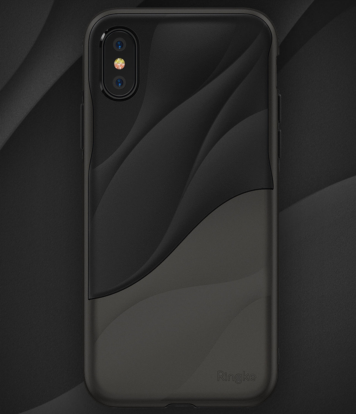 iPhone XS Case | Wave - Matte black phone case with a textured, flowing wave design and a subtle Ringke logo at the bottom.