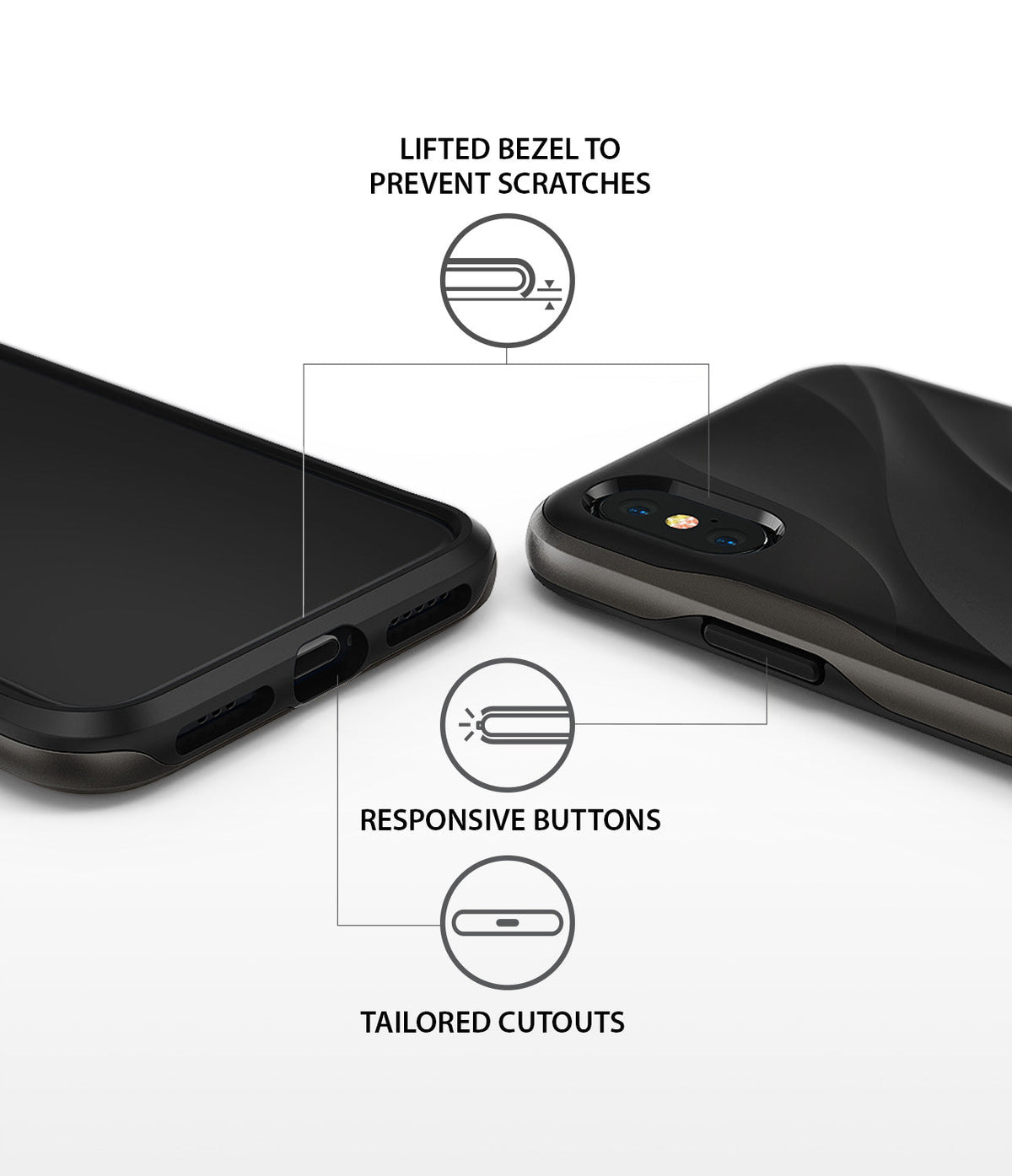 iPhone XS Case | Wave - Close-up of phone case features including lifted bezels, responsive buttons, and precise cutouts.
