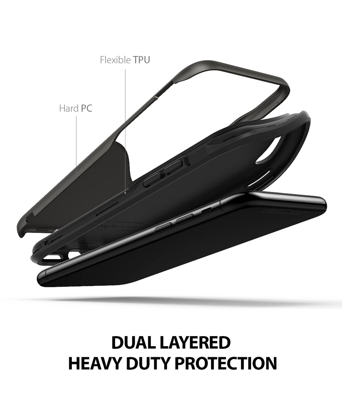 iPhone XS Case | Wave - Exploded view of a dual-layered phone case showing flexible TPU and hard PC components.