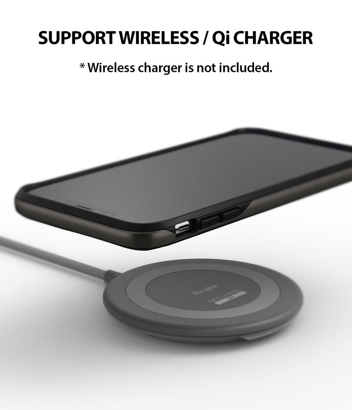 iPhone XS Case | Wave - Smartphone in a protective case hovering above a circular Ringke wireless charging pad.