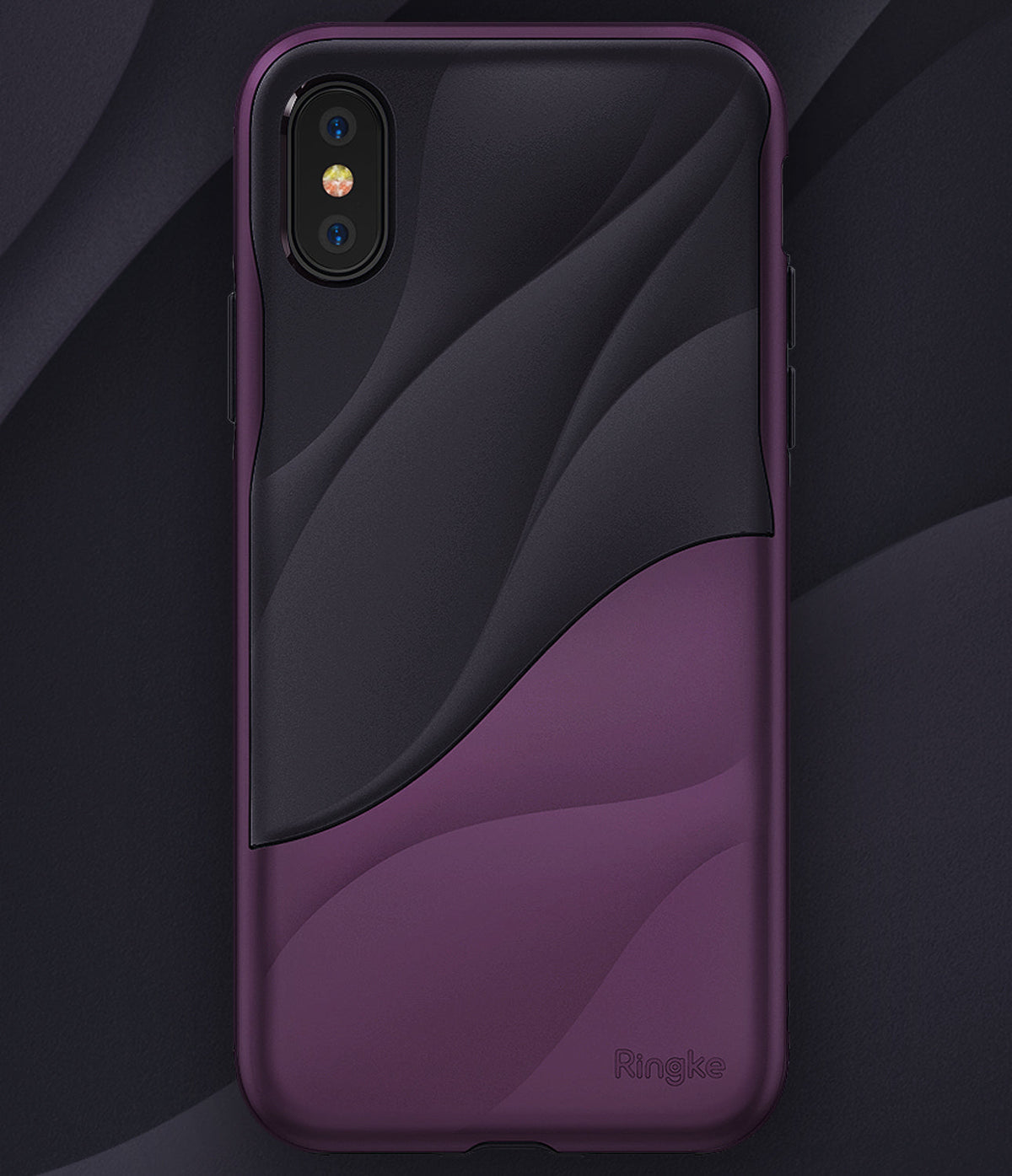 iPhone XS Case | Wave - A two-tone purple and black phone case with a textured, wavy design and Ringke branding.
