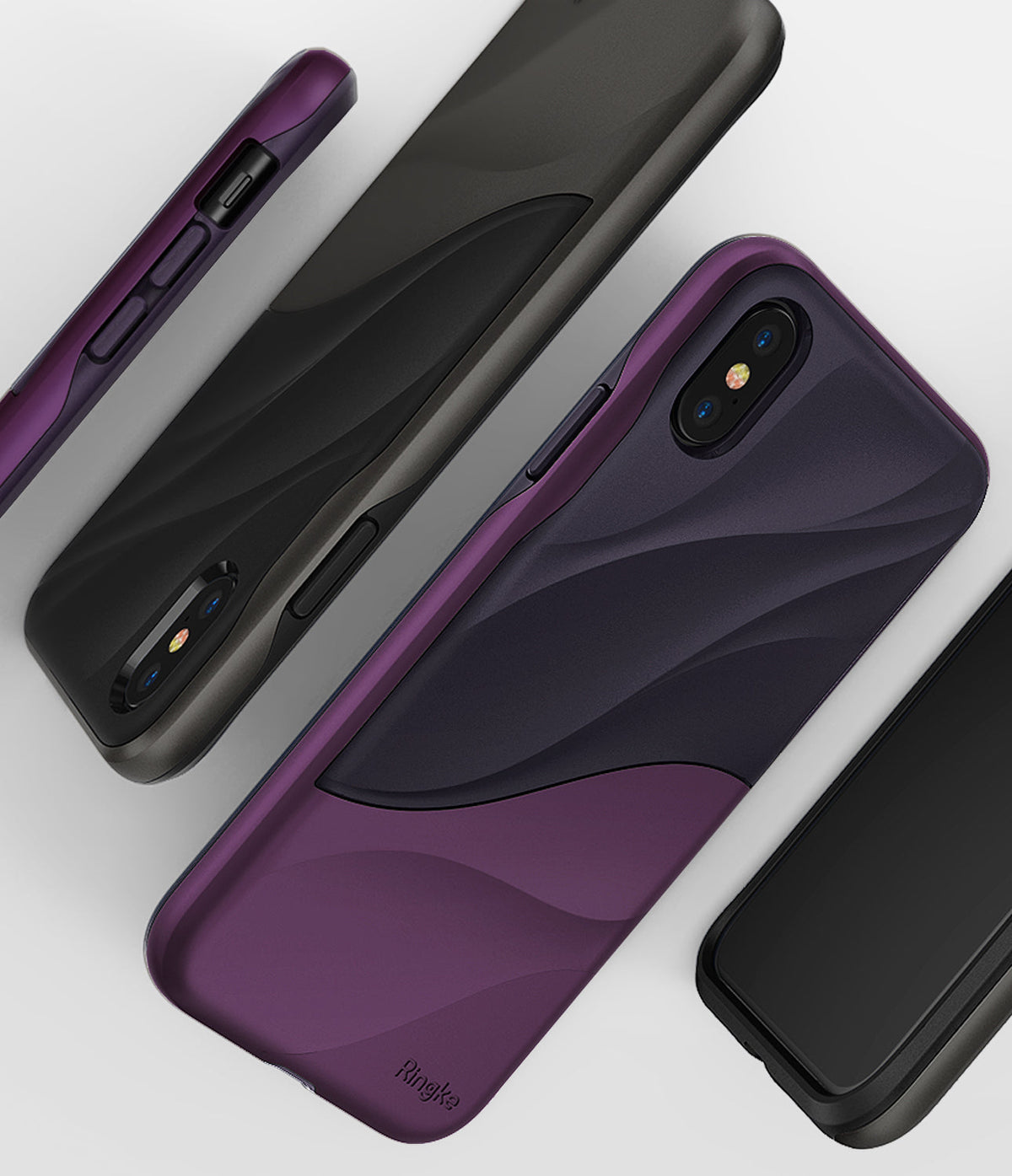 iPhone XS Case | Wave - Metallic purple and black phone cases with a textured, wavy design on a white background.