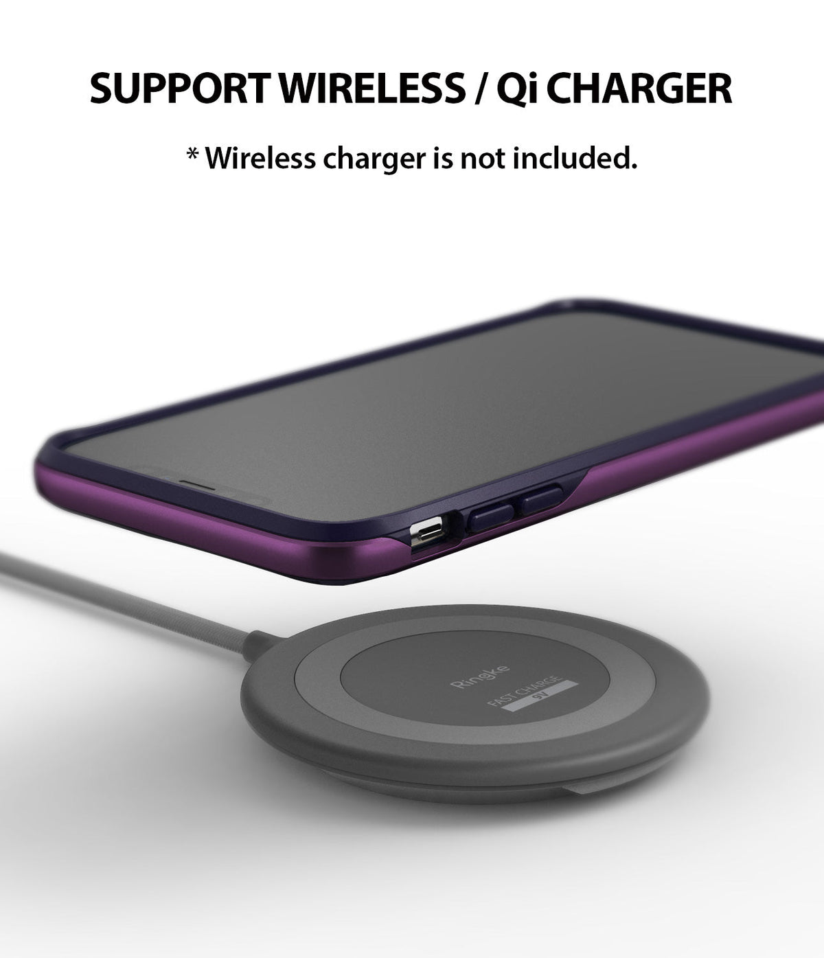 iPhone XS Case | Wave - Metallic purple phone case hovering above a grey Ringke wireless charging pad.