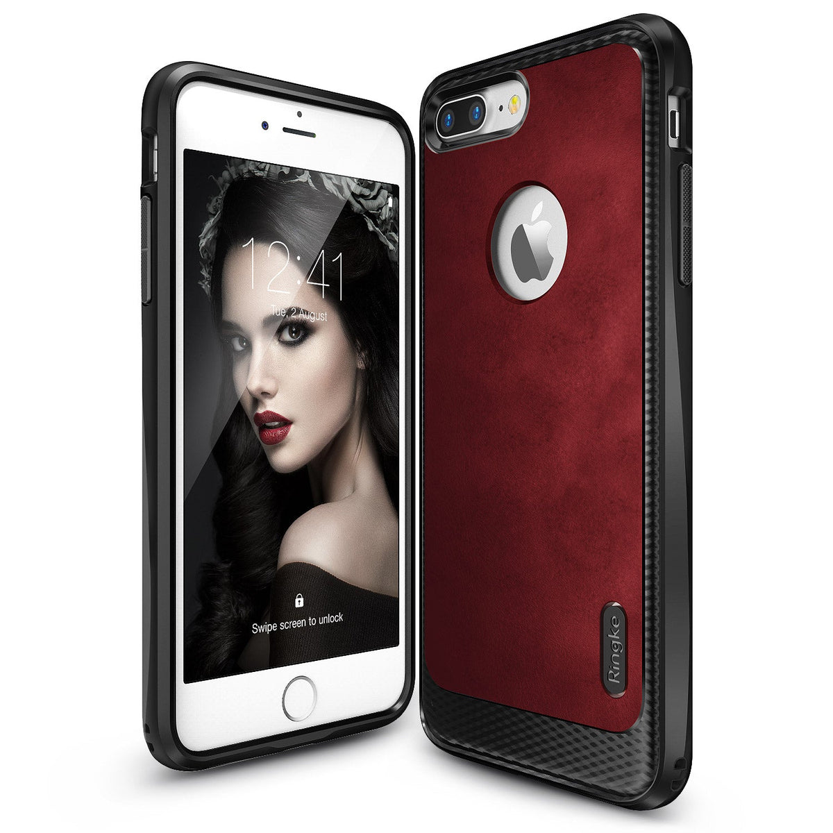 iPhone 7 Plus Case | Flex S - Front and back view of a red and black protective phone case with a carbon fiber texture.