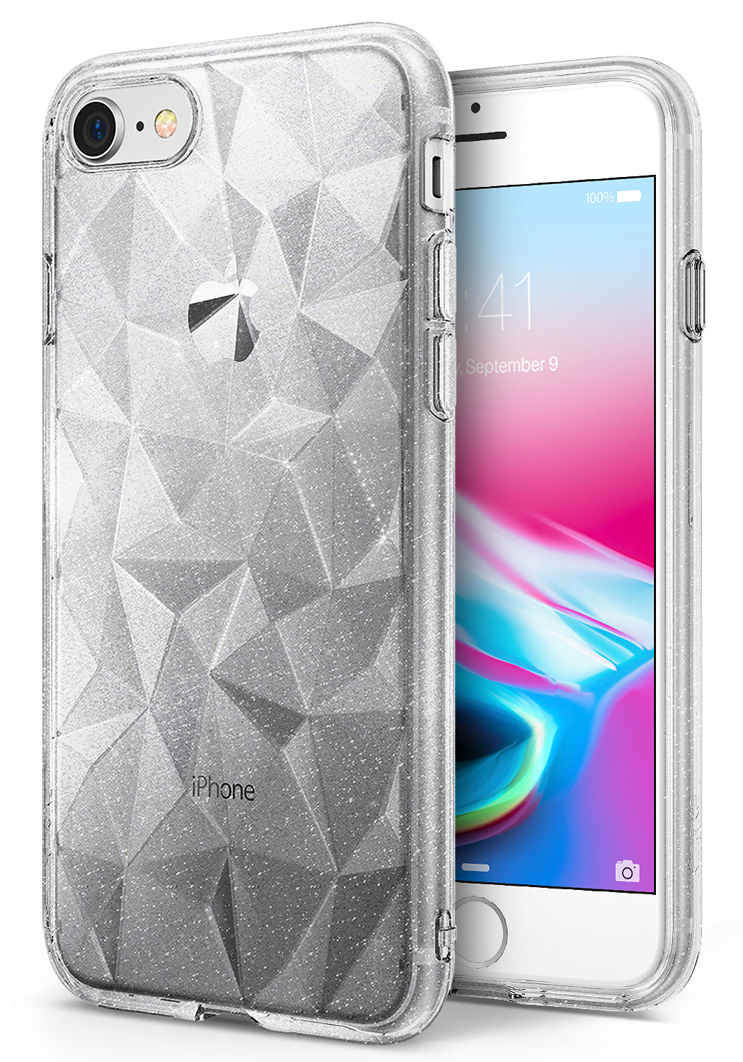 iPhone 8 / 7 Case | Air Prism - Clear, glittery phone case with a geometric, faceted prism pattern on an iPhone.
