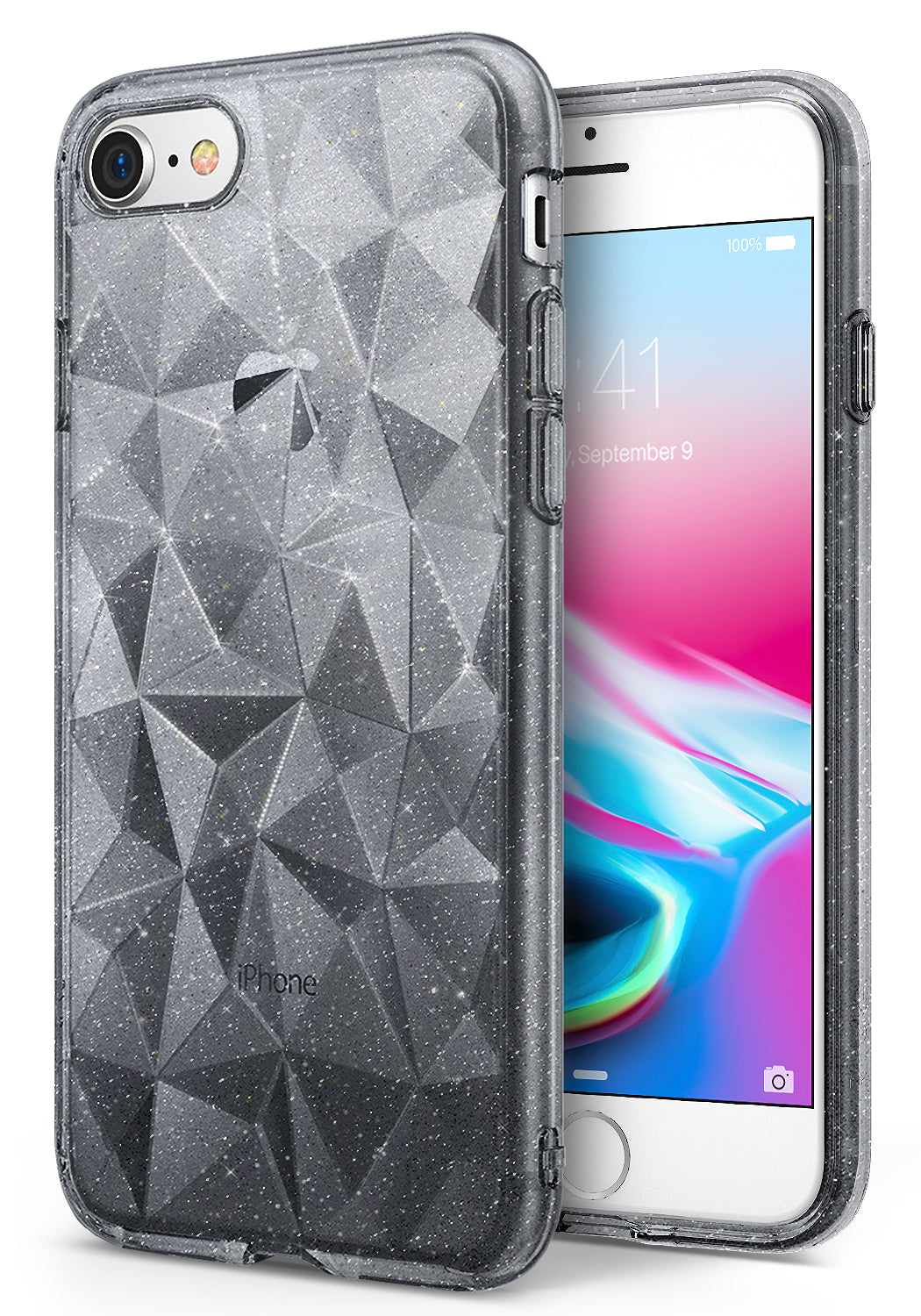 iPhone 8 / 7 Case | Air Prism - Glitter gray phone case with a geometric, faceted prism pattern on a white iPhone.