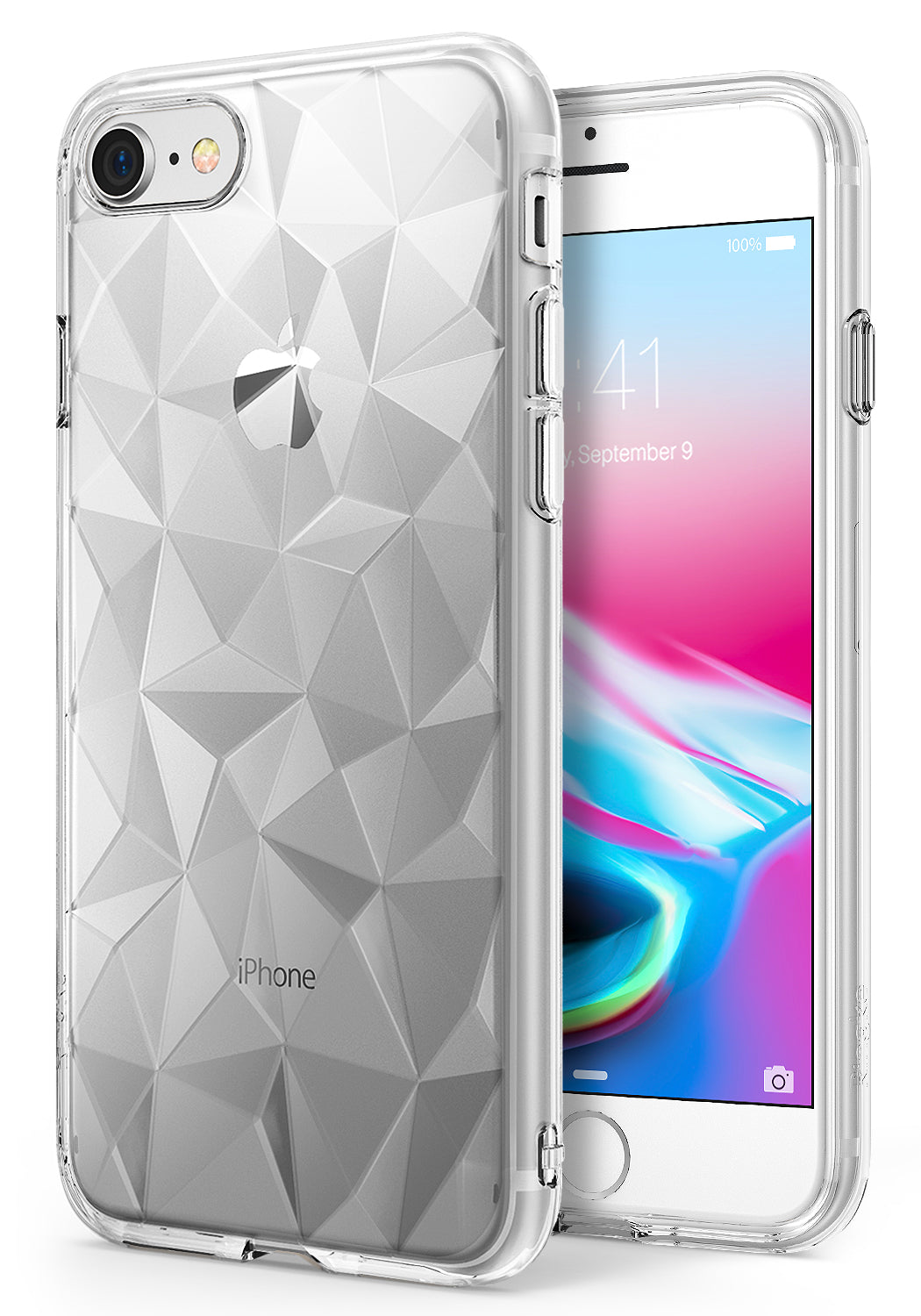 iPhone 8 / 7 Case | Air Prism - Clear phone case with geometric prism pattern on back, showing iPhone screen and camera.