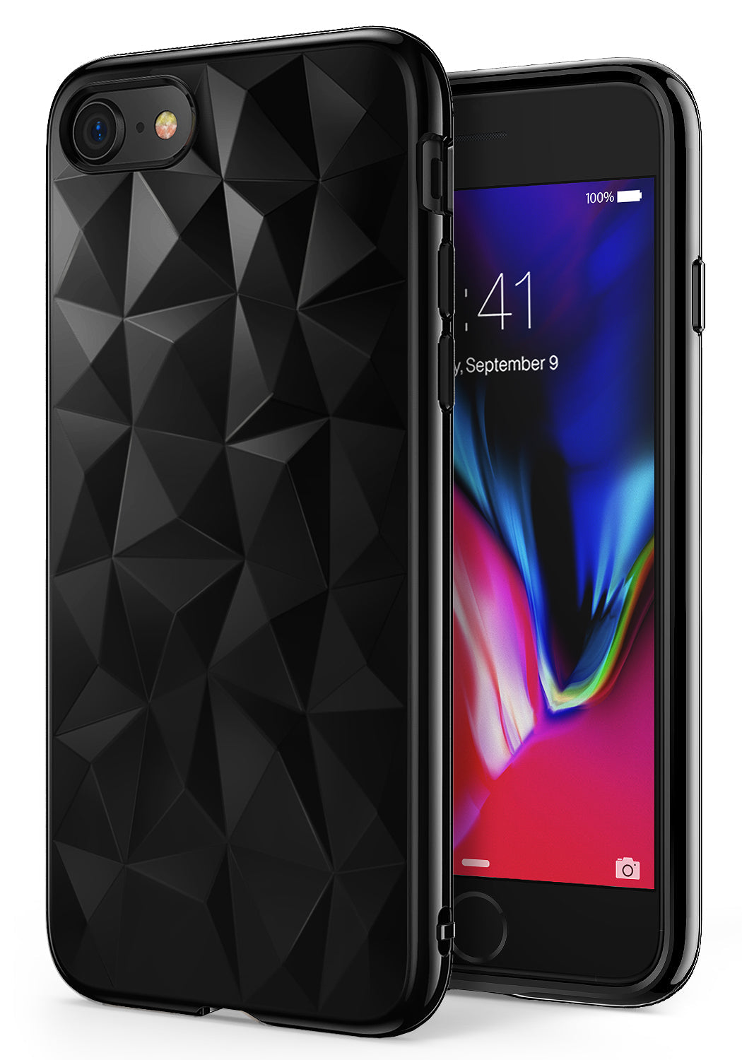 iPhone 8 / 7 Case | Air Prism - Black phone case with a geometric, faceted prism texture on the back and a visible smartphone screen.