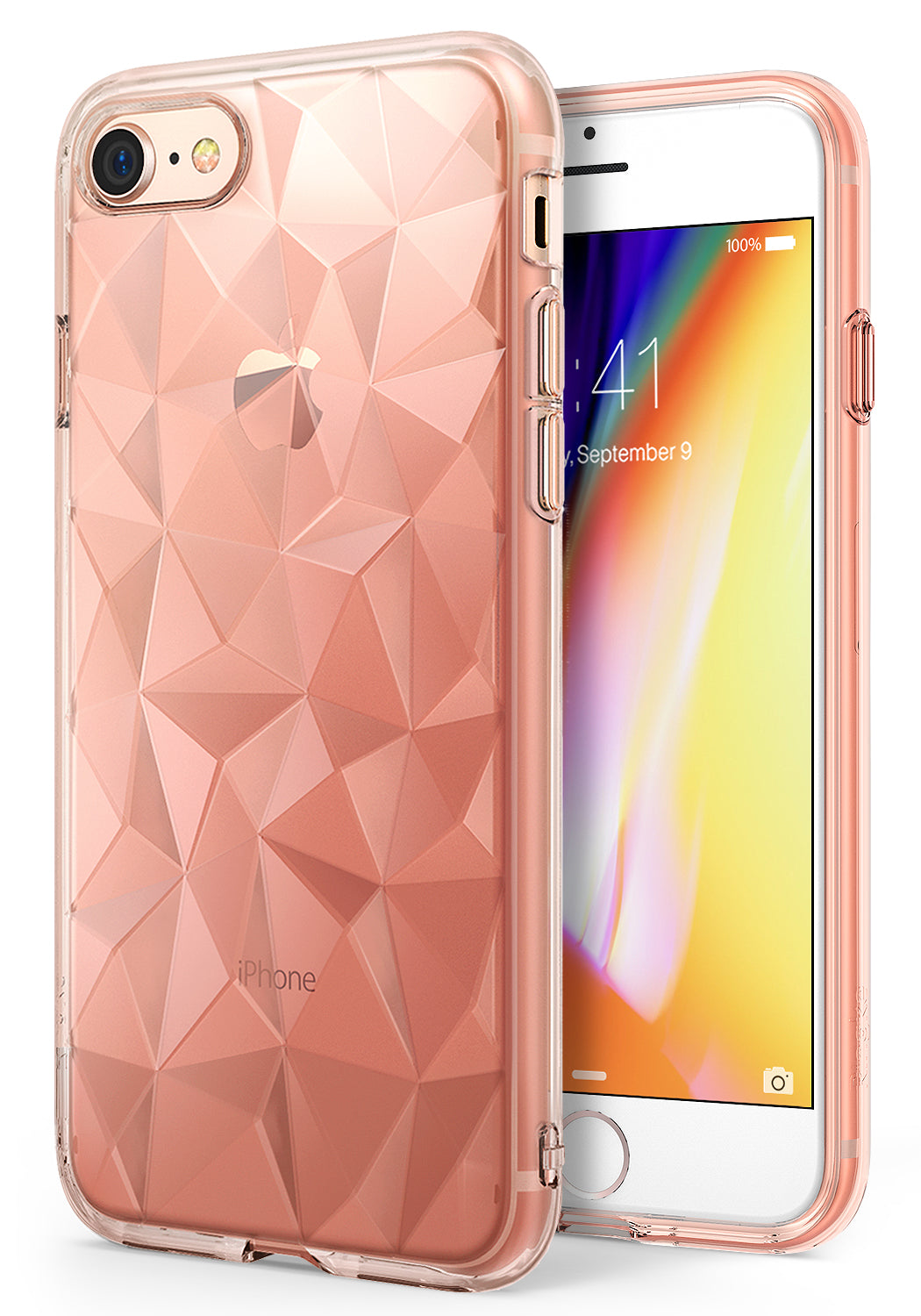 iPhone 8 / 7 Case | Air Prism - Rose gold geometric prism-patterned protective case on an iPhone with a colorful screen.
