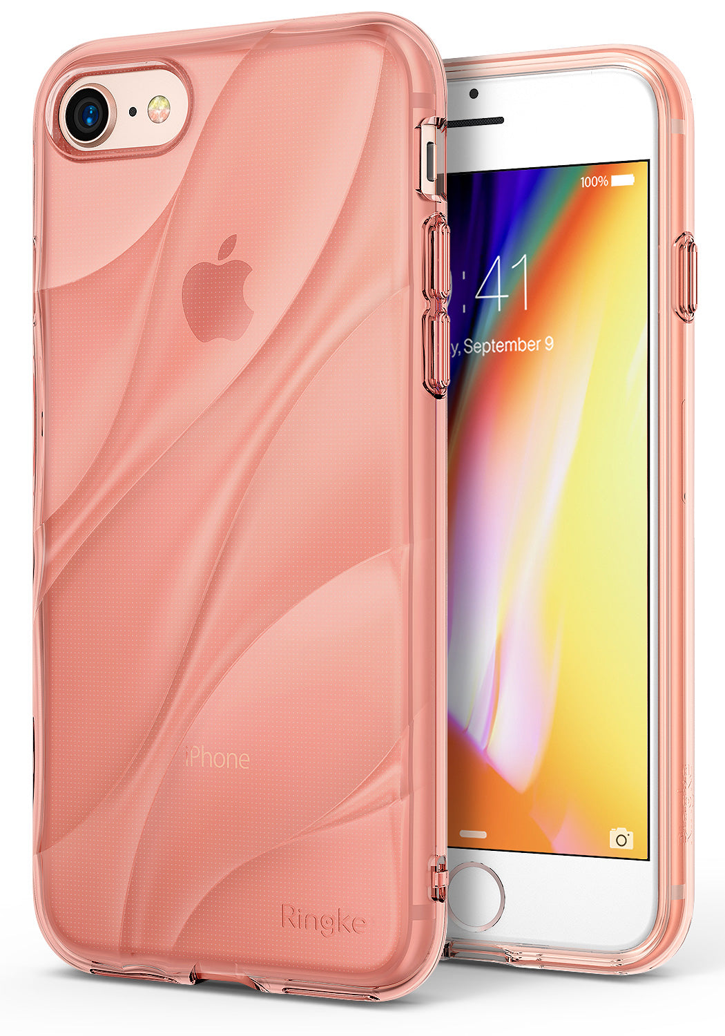 iPhone 8 / 7 / SE 2020 Case | Flow - Rose gold translucent phone case with a wavy, fluid design on a white background.