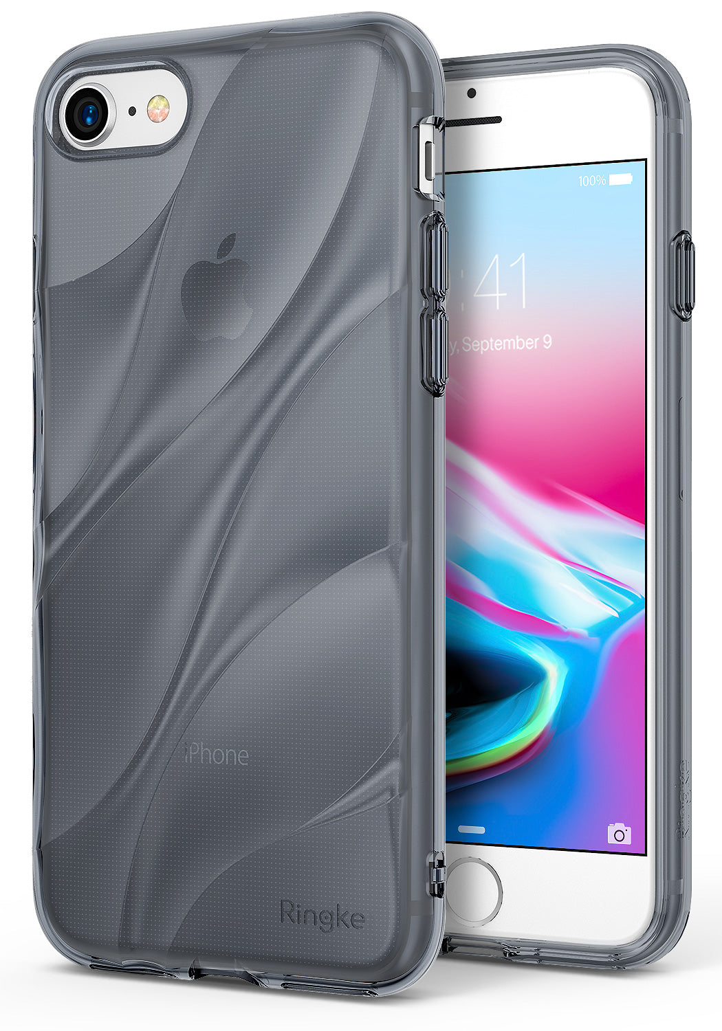 iPhone 8 / 7 / SE 2020 Case | Flow - Translucent smoke black phone case with a wavy, textured back design on an iPhone.