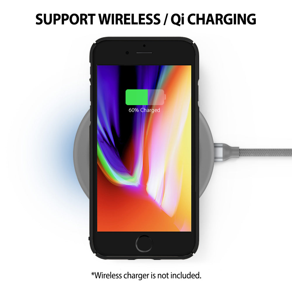 iPhone 8 / 7 Case | Slim - Black iPhone in a slim case charging wirelessly on a circular pad with a 60% battery indicator.