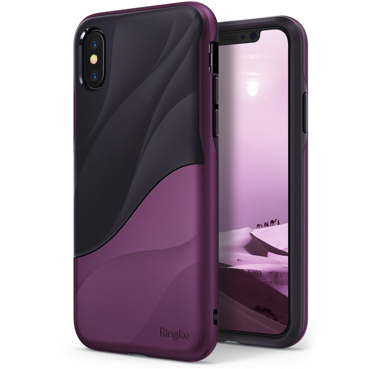 iPhone X Case | Wave - Metallic purple and black dual-tone phone case with a wavy design and Ringke branding.