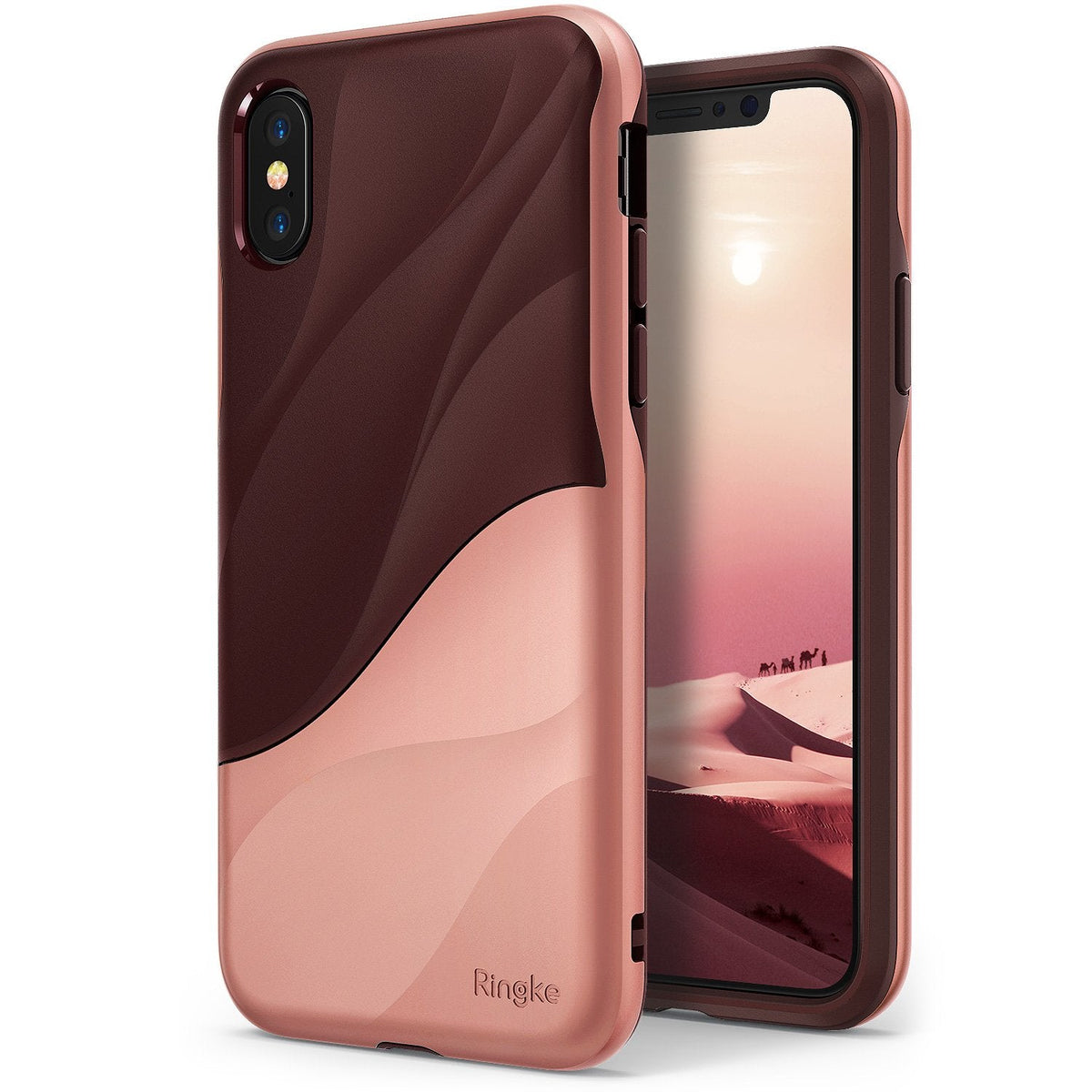 iPhone X Case | Wave - Rose blush and dark brown dual-tone phone case with a wavy design and Ringke logo branding.