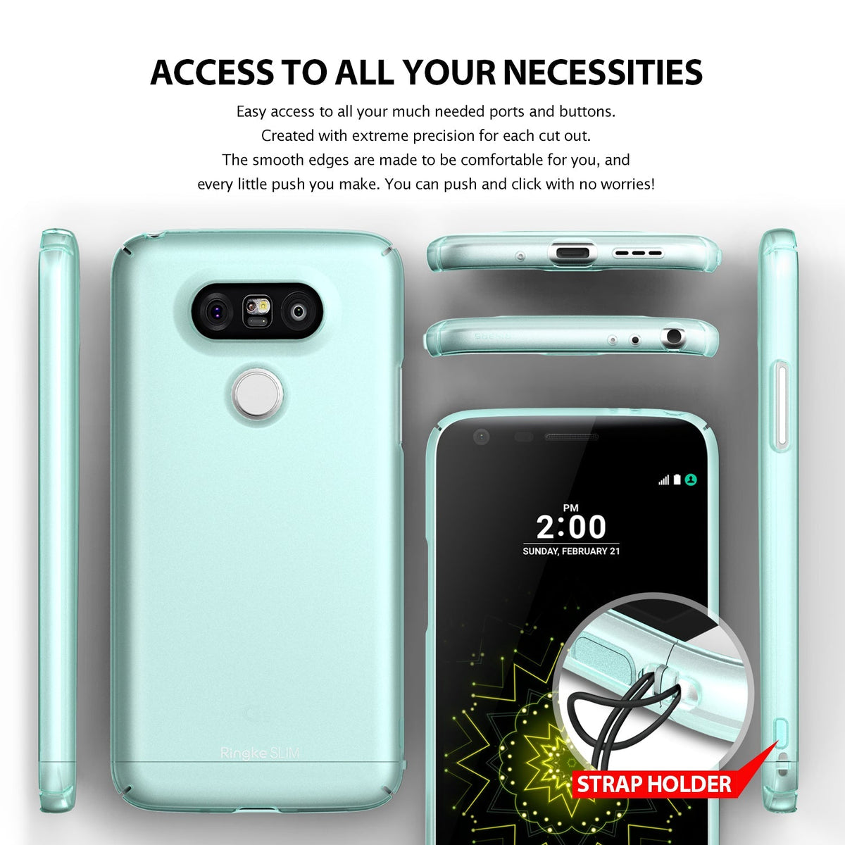 LG G5 Case | Slim - Mint green phone case shown from multiple angles with precise cutouts and a built-in strap holder.