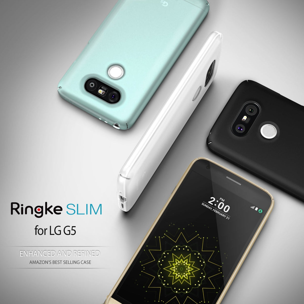 LG G5 Case | Slim - Three LG G5 phones in mint, white, and black cases arranged around a gold phone with a patterned screen.