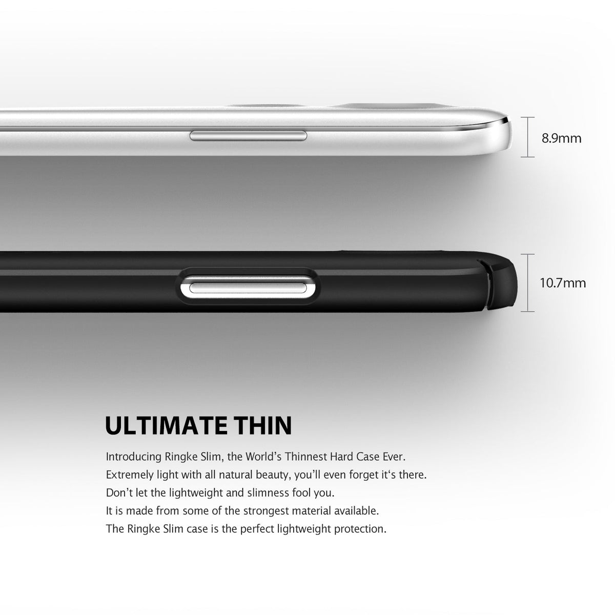 LG G5 Case | Slim - Side-by-side comparison of a bare phone at 8.9mm and a phone with a slim case at 10.7mm.