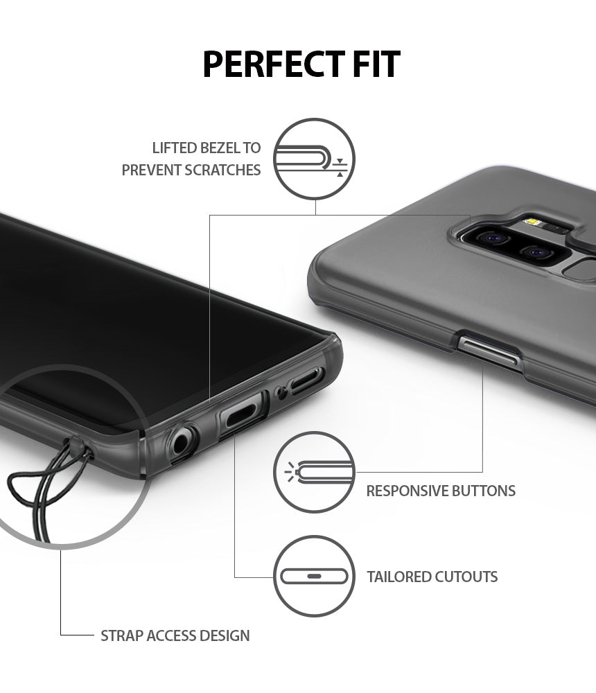 Galaxy S9 Plus Case | Slim - Diagram highlighting case features: lifted bezel, responsive buttons, cutouts, and strap access.