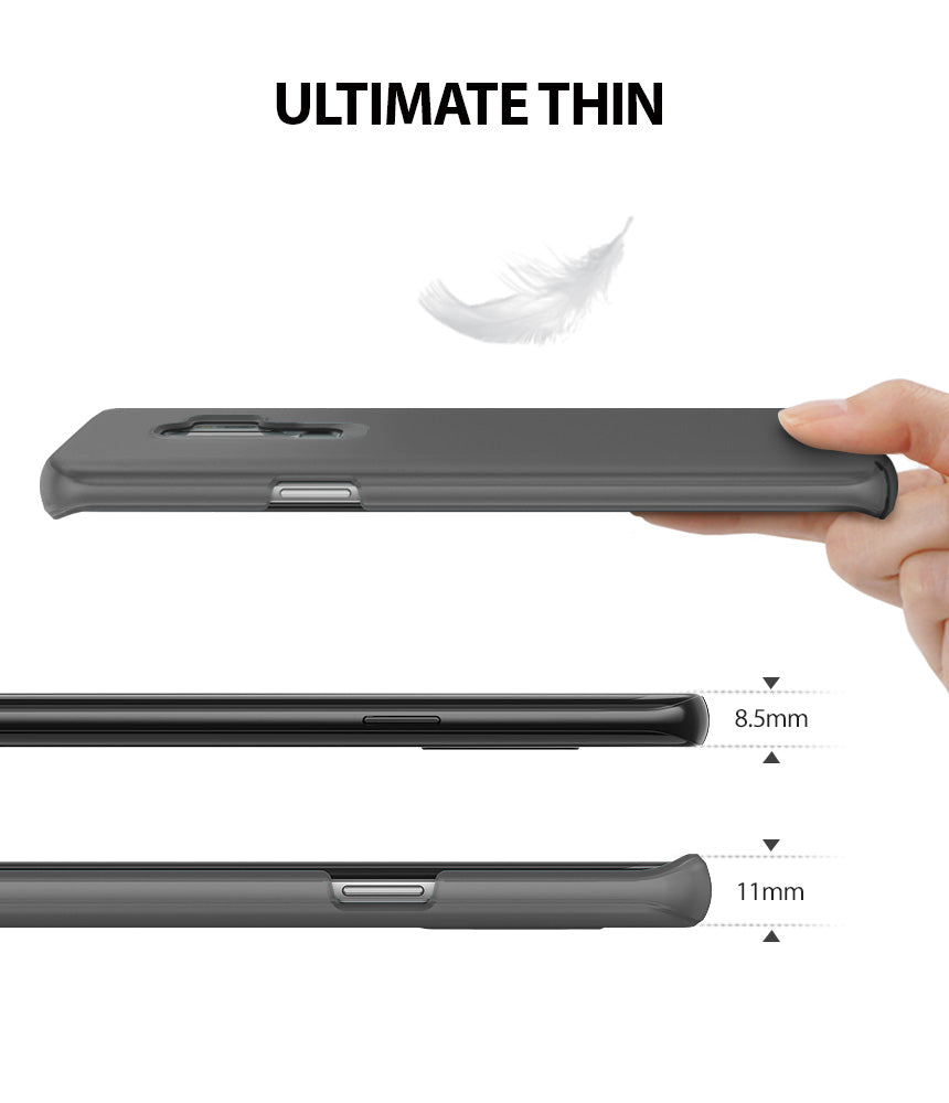 Galaxy S9 Plus Case | Slim - Hand holding a thin gray phone case with measurement comparisons of 8.5mm and 11mm.