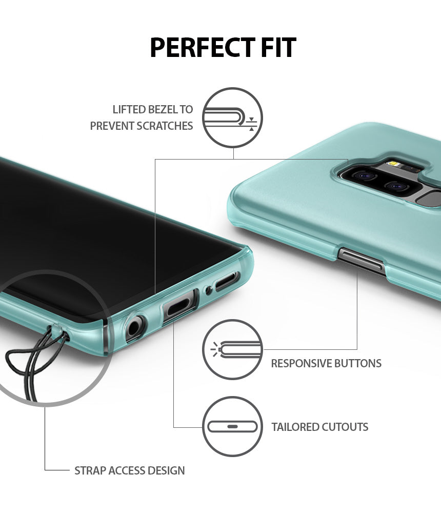 Galaxy S9 Plus Case | Slim - Mint green phone case showing lifted bezels, responsive buttons, port cutouts, and strap hole.