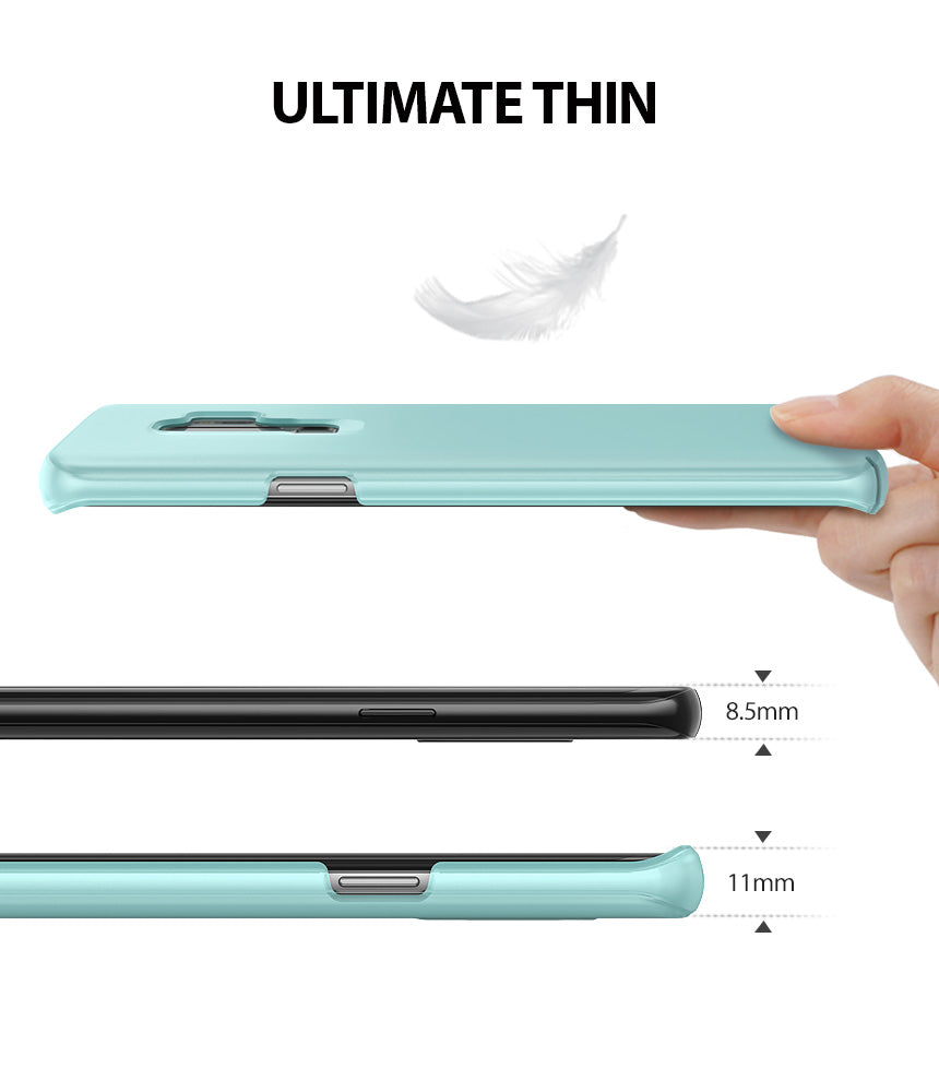 Galaxy S9 Plus Case | Slim - Hand holding a mint green slim phone case above a comparison showing 8.5mm and 11mm thickness.