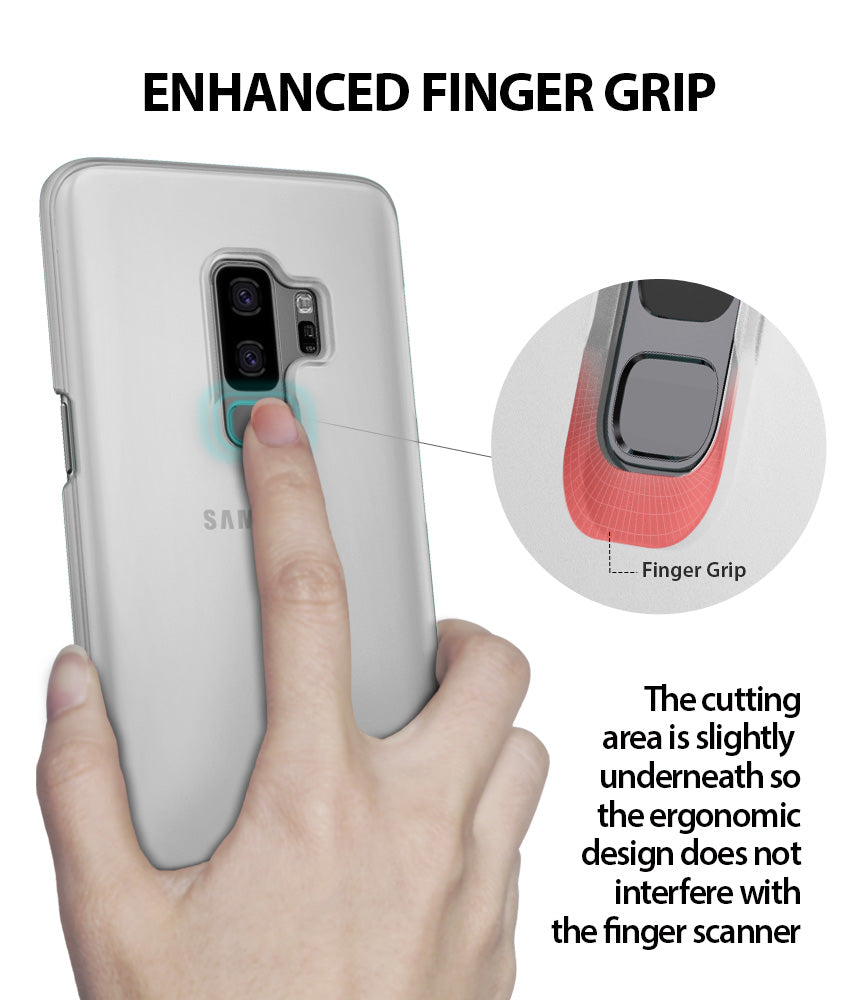 Galaxy S9 Plus Case | Slim - Finger pressing the fingerprint scanner on a frosted white phone case with ergonomic cutout.