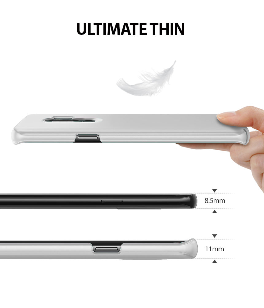 Galaxy S9 Plus Case | Slim - Hand holding a thin white phone case above a phone, showing a thickness comparison of 8.5mm vs 11mm.