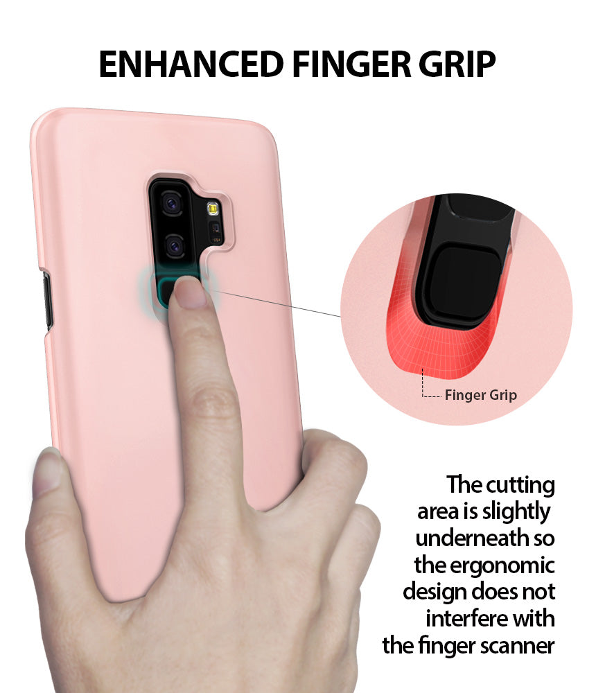 Galaxy S9 Plus Case | Slim - A hand holding a peach pink phone case, highlighting the ergonomic cutout for the fingerprint scanner.