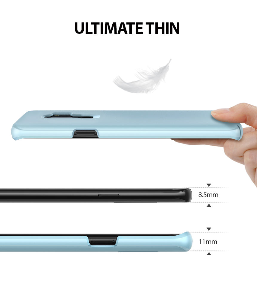 Galaxy S9 Plus Case | Slim - A hand holds a light blue slim phone case above a comparison showing 8.5mm and 11mm thickness.
